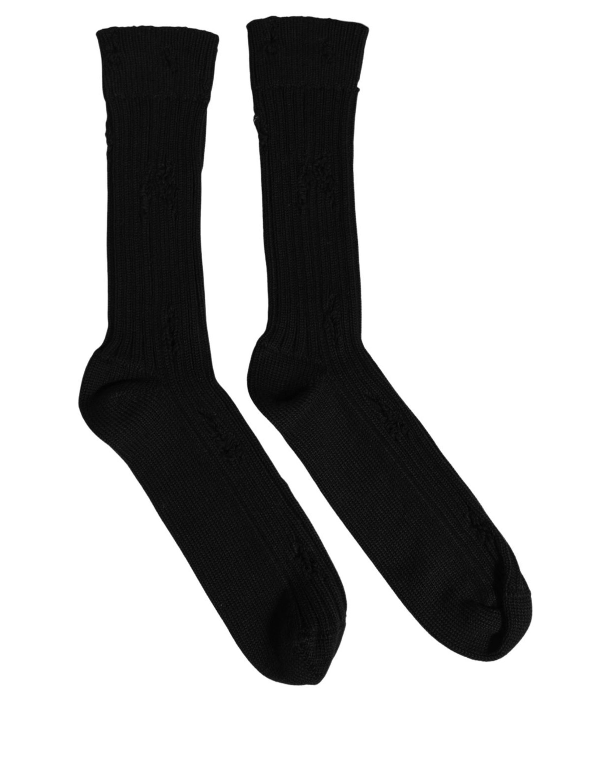 Dolce & Gabbana Men Black Cotton Distressed Mid Calf Accessory Socks - Image 2
