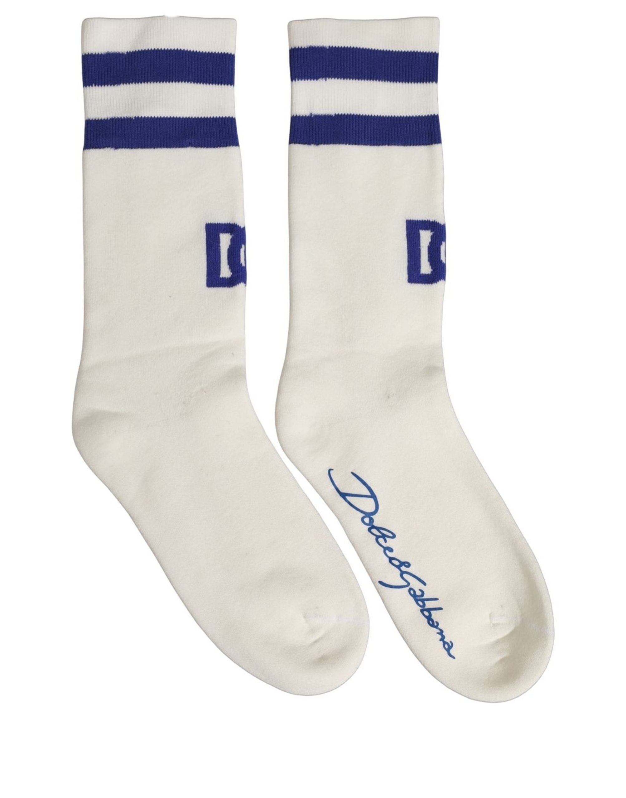Dolce & Gabbana White Blue Cotton Logo Calf Women Accessory Socks - Image 3