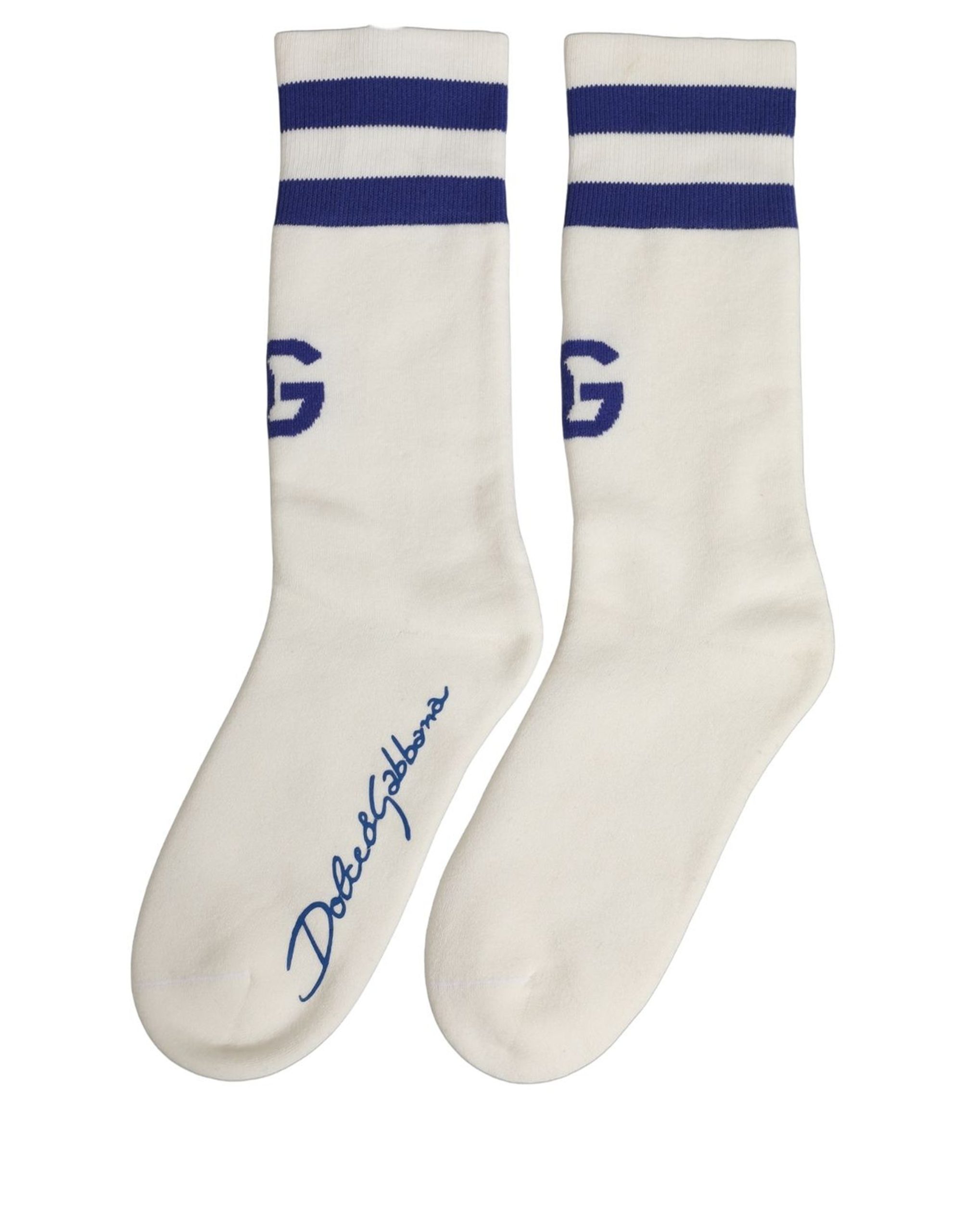 Dolce & Gabbana White Blue Cotton Logo Calf Women Accessory Socks - Image 5