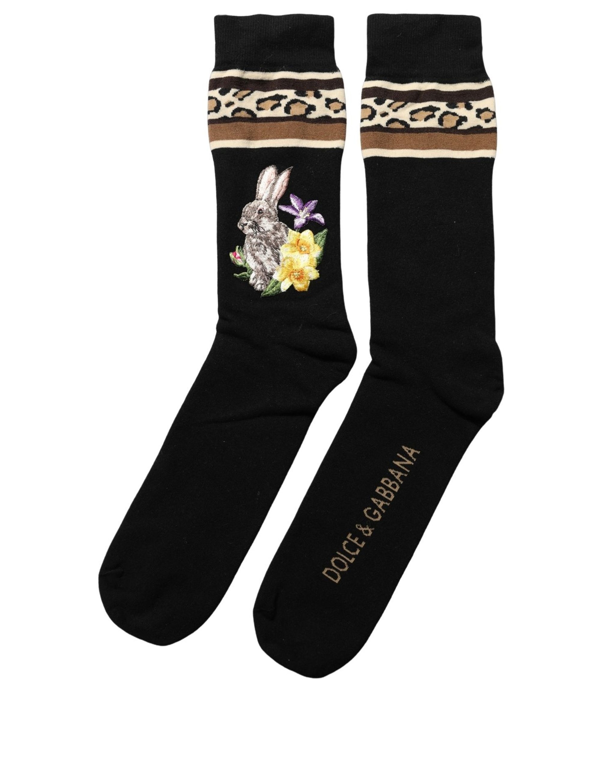 Dolce & Gabbana Black Rabbit Floral Wool Mid Calf Accessory Socks - Image 4