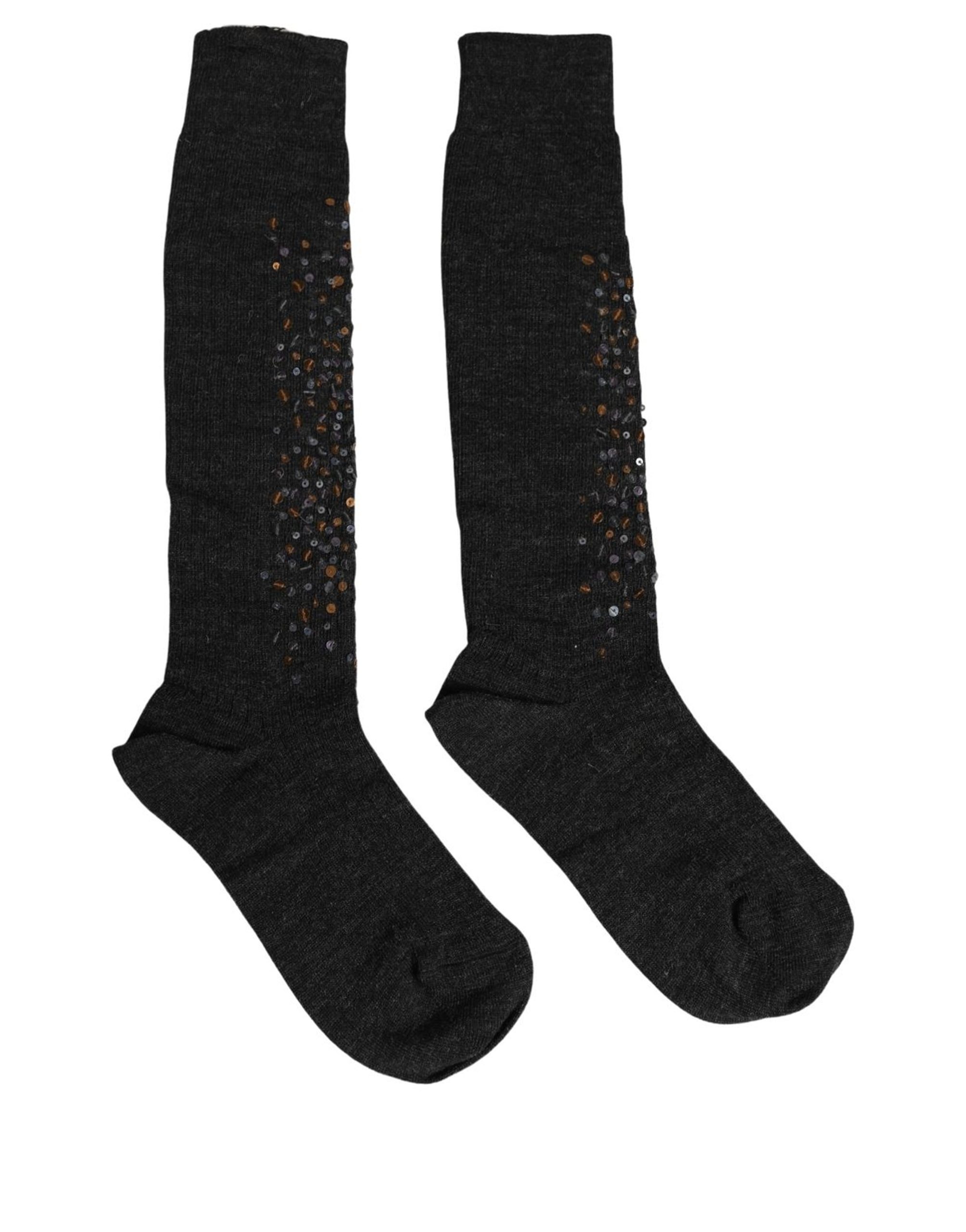 Dolce & Gabbana Dark Gray Sequined Wool Knee High Accessory Socks - Image 5