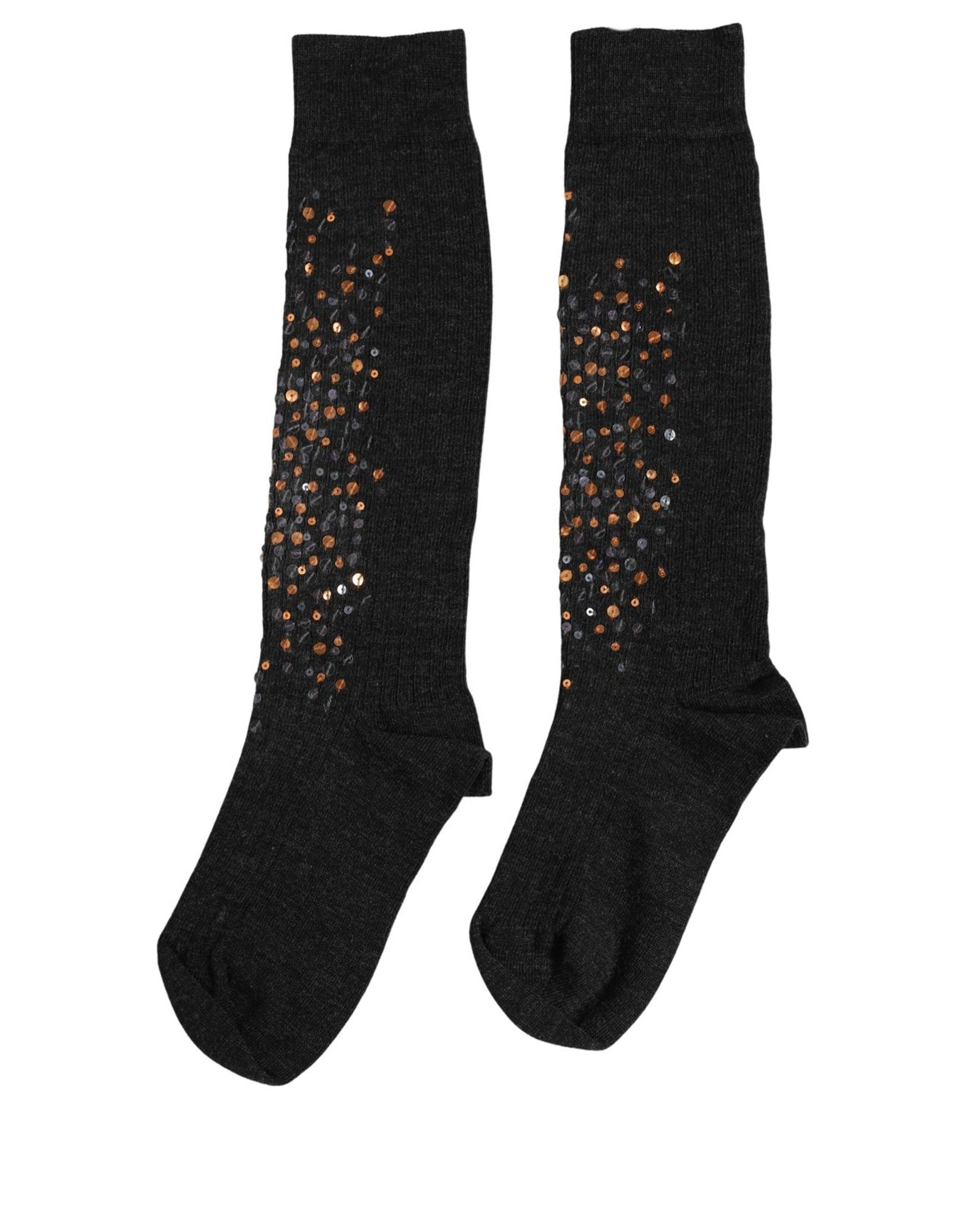 Dolce & Gabbana Dark Gray Sequined Wool Knee High Accessory Socks - Image 4