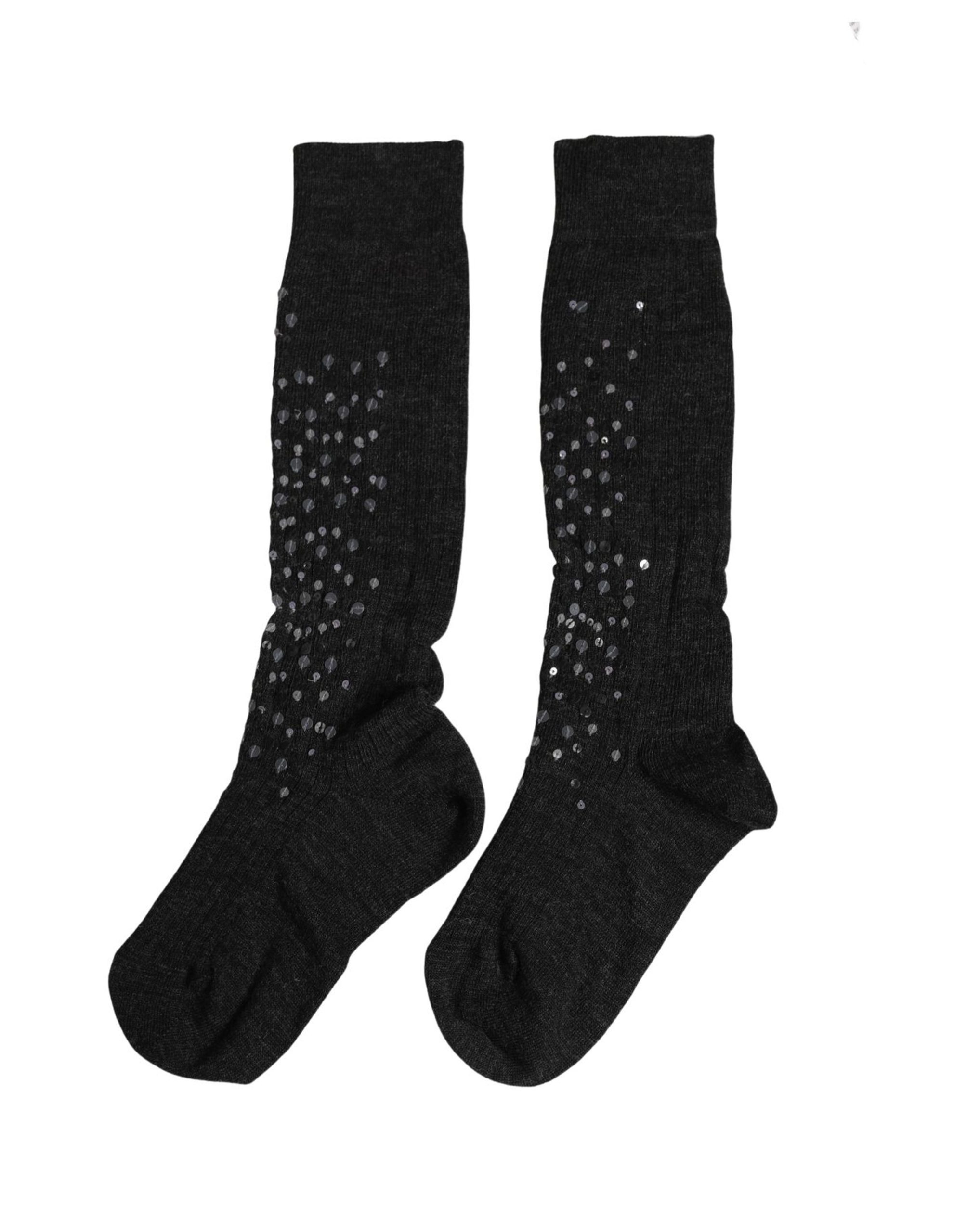 Dolce & Gabbana Dark Gray Sequined Wool Knee High Accessory Socks - Image 2