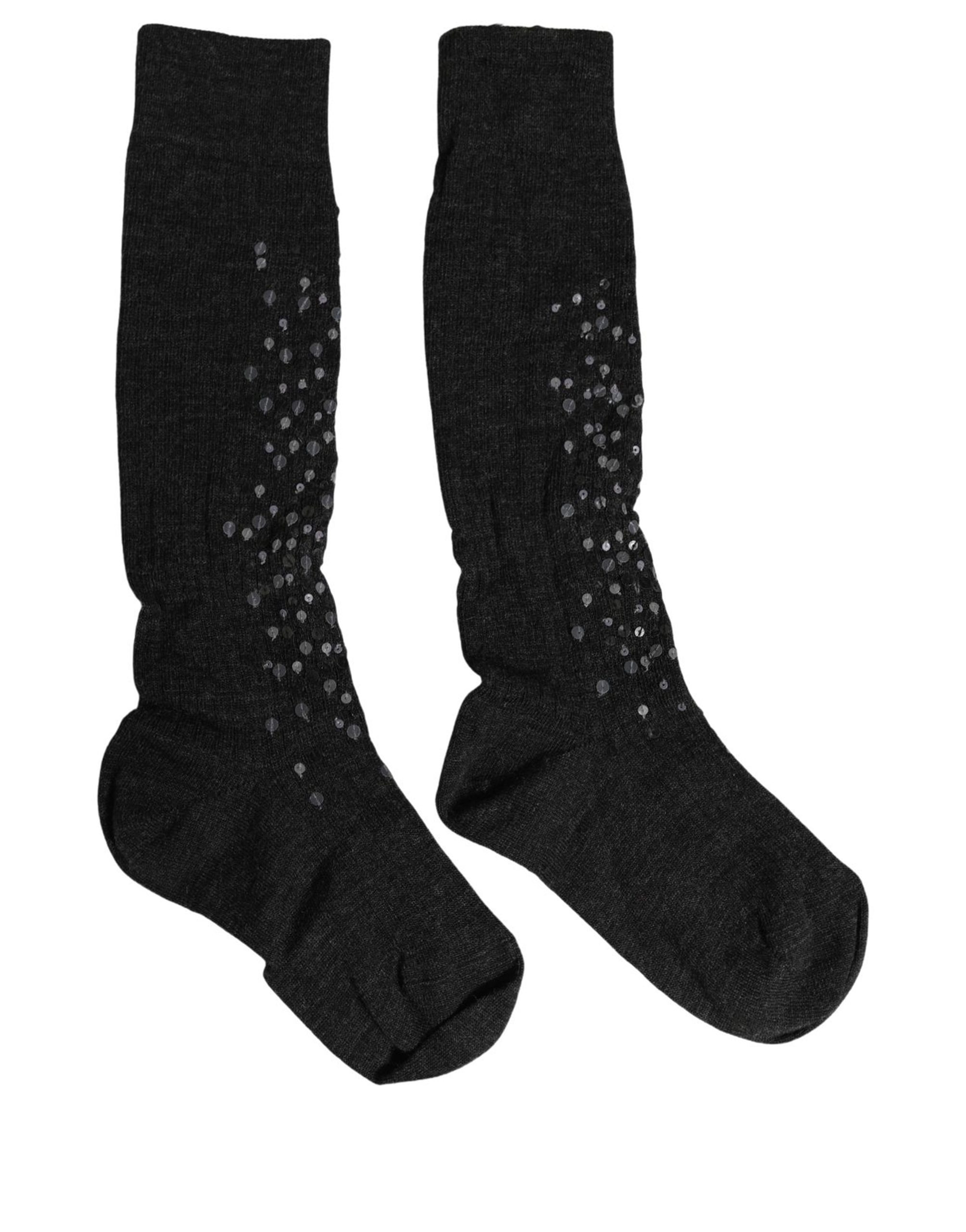 Dolce & Gabbana Dark Gray Sequined Wool Knee High Accessory Socks - Image 3