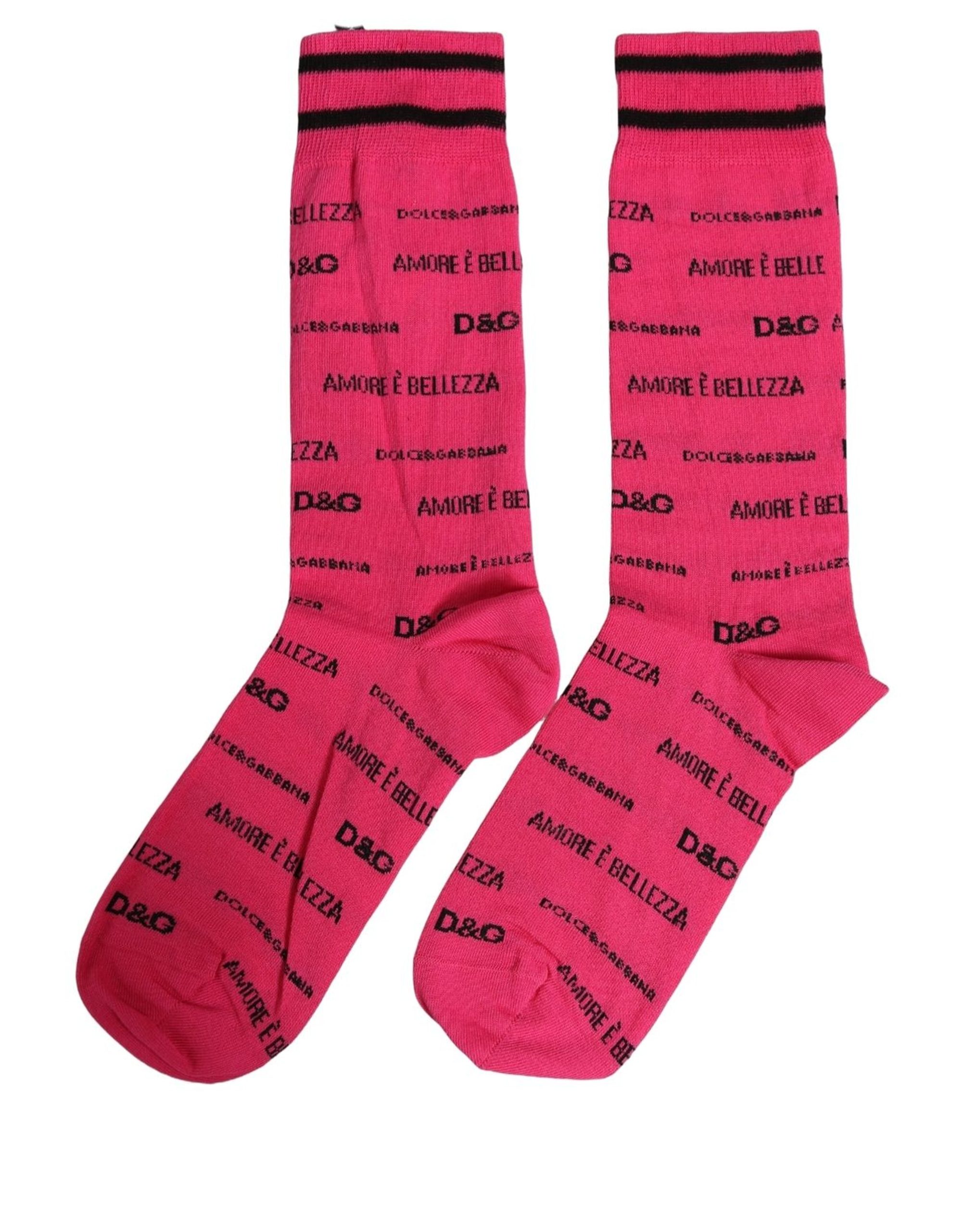 Dolce & Gabbana Pink Cotton Logo Print Mid Calf Accessory Socks - Image 2