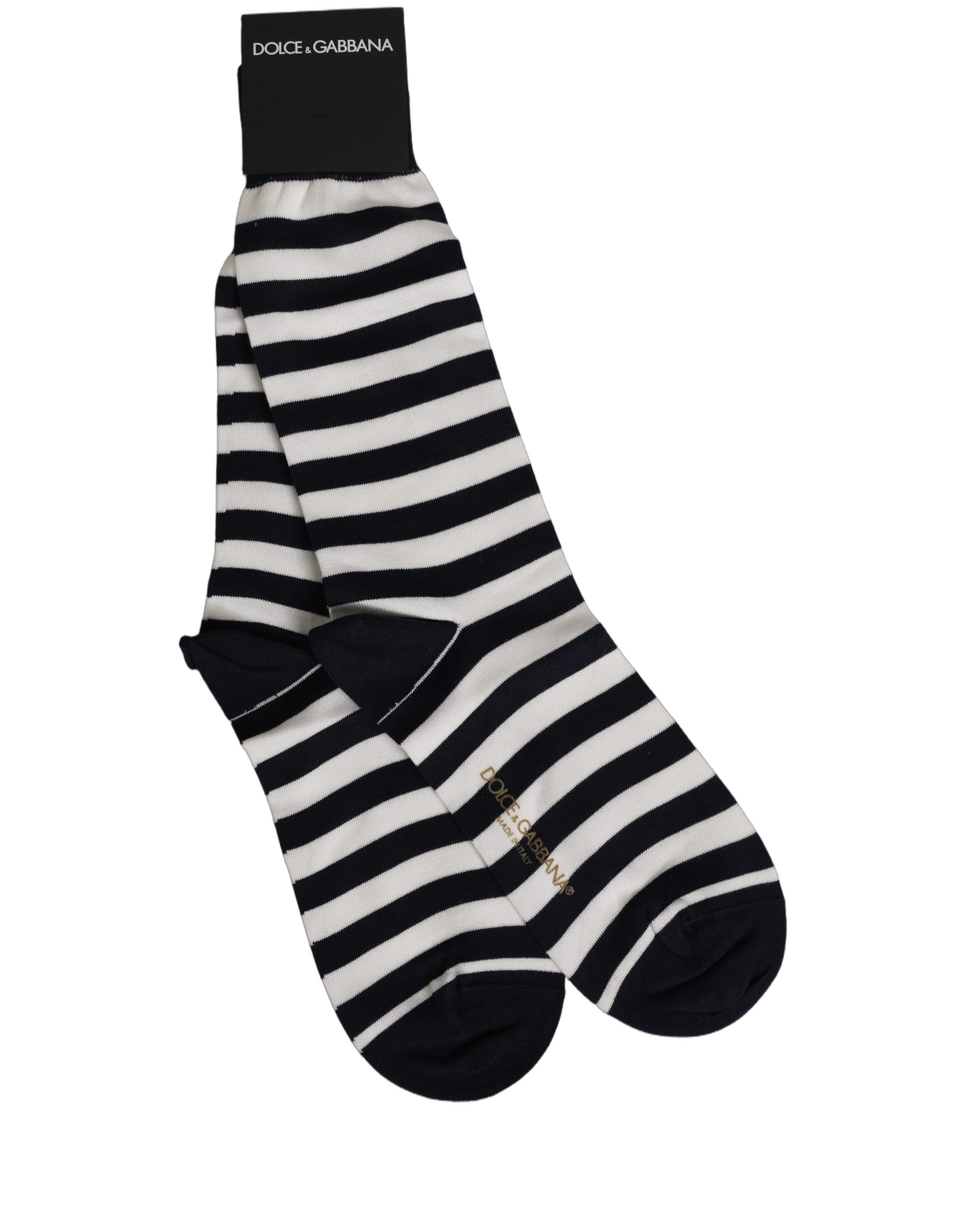 Dolce & Gabbana Black White Stripes Cotton Mid Calf Accessory Socks - Image 2