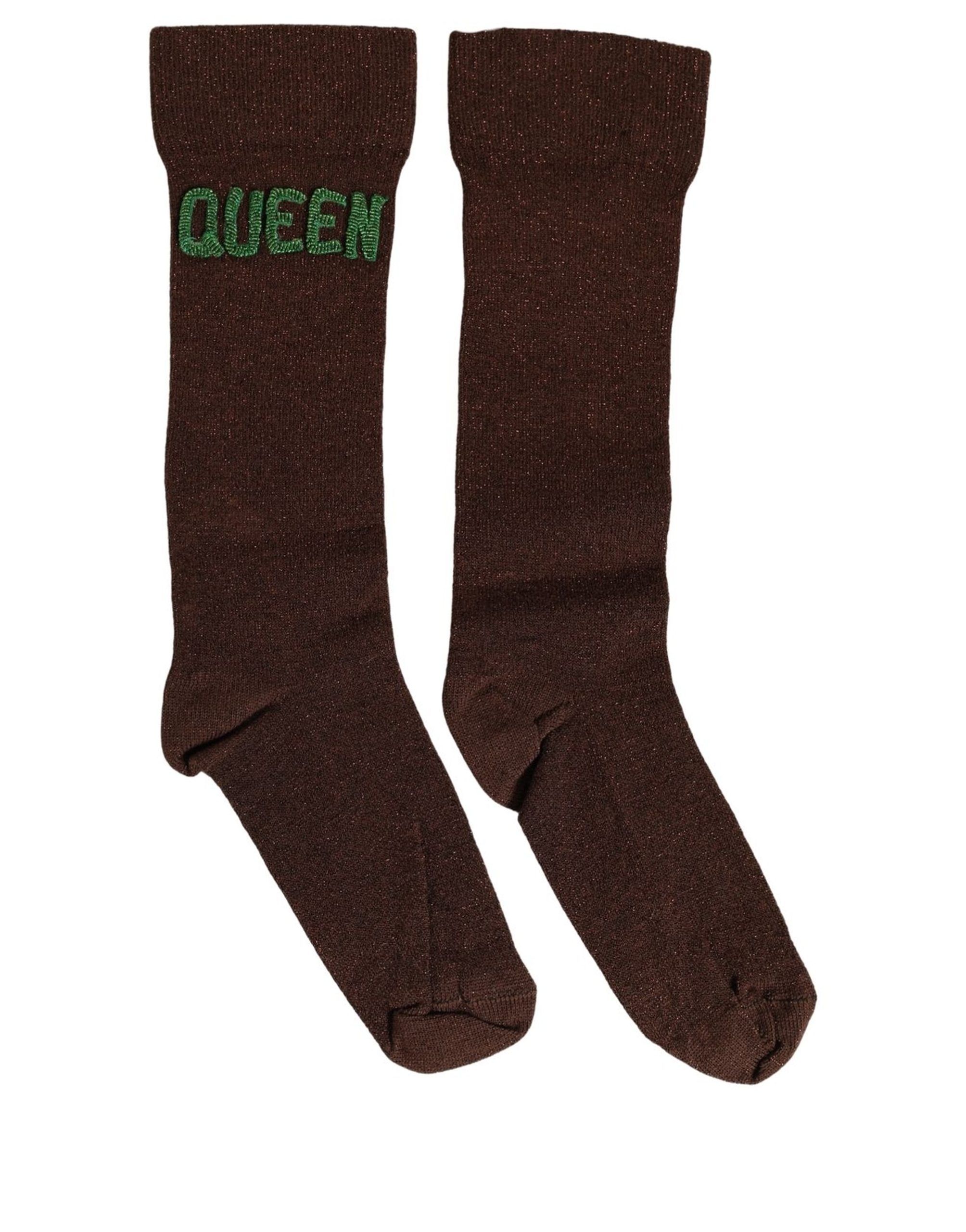 Dolce & Gabbana Brown Embroidered Cotton Mid Calf Accessory Socks