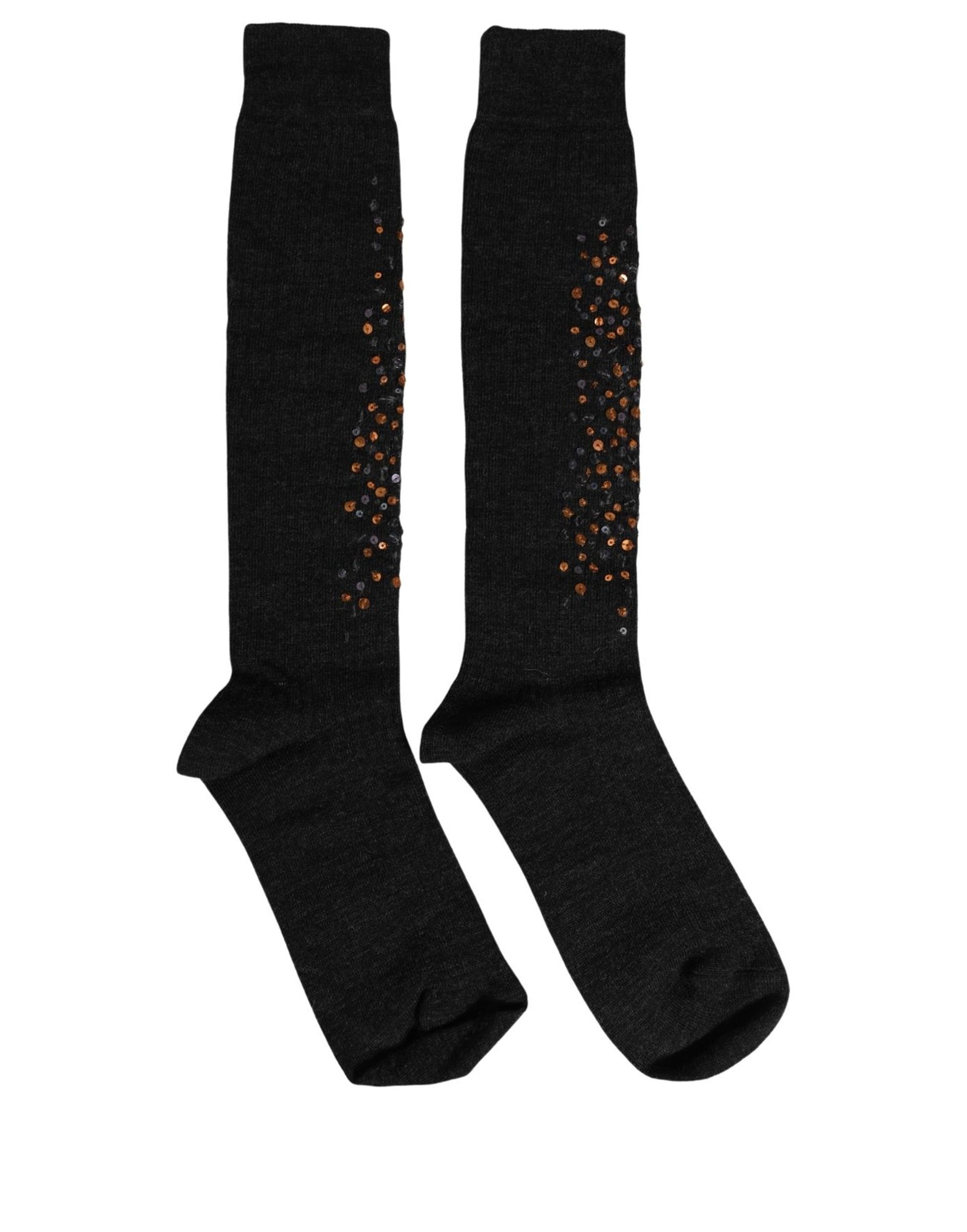 Dolce & Gabbana Dark Gray Sequined Wool Knee High Accessory Socks - Image 3