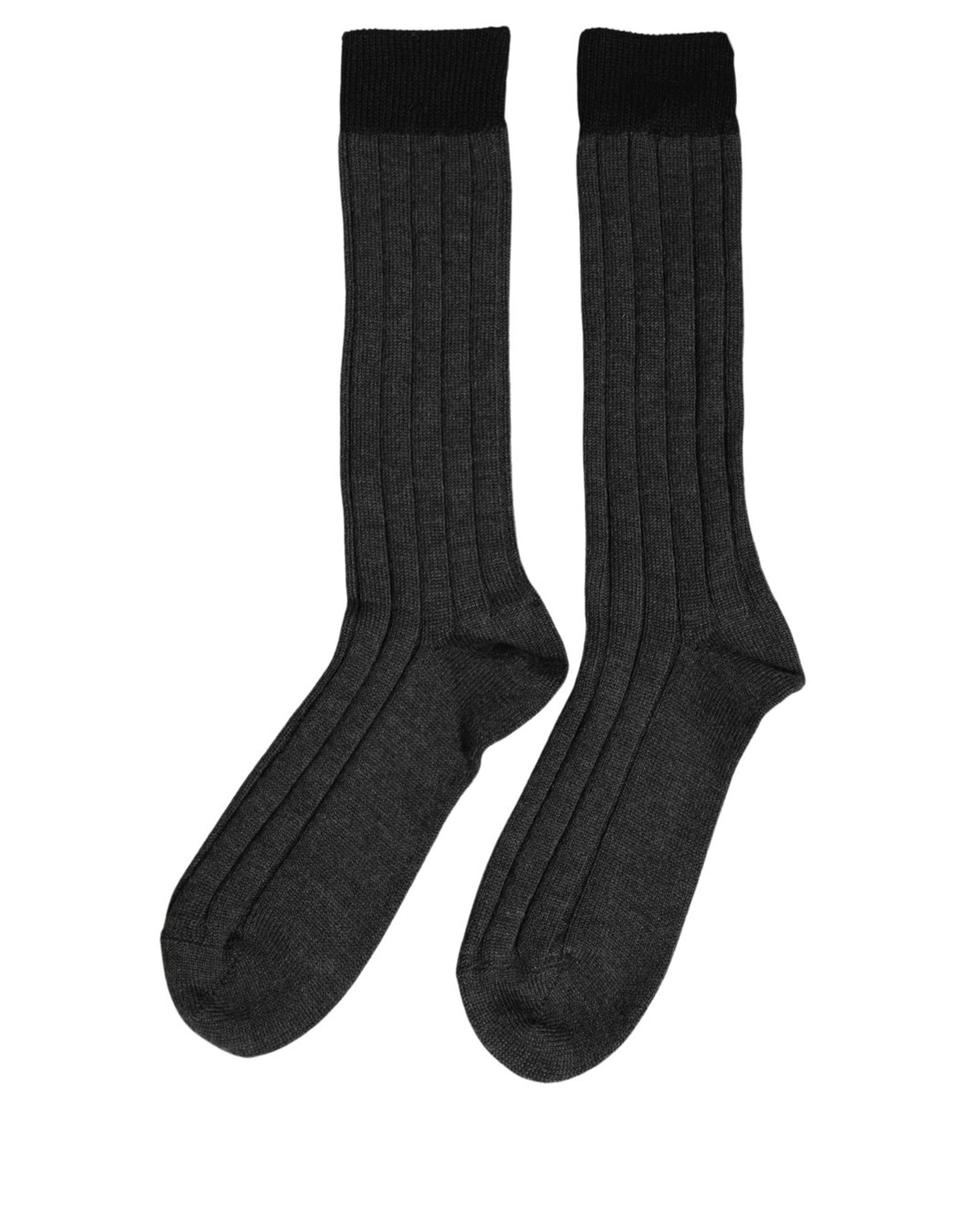Dolce & Gabbana Dark Gray Wool Logo Calf Long Ribbed Accessory Socks - Image 2