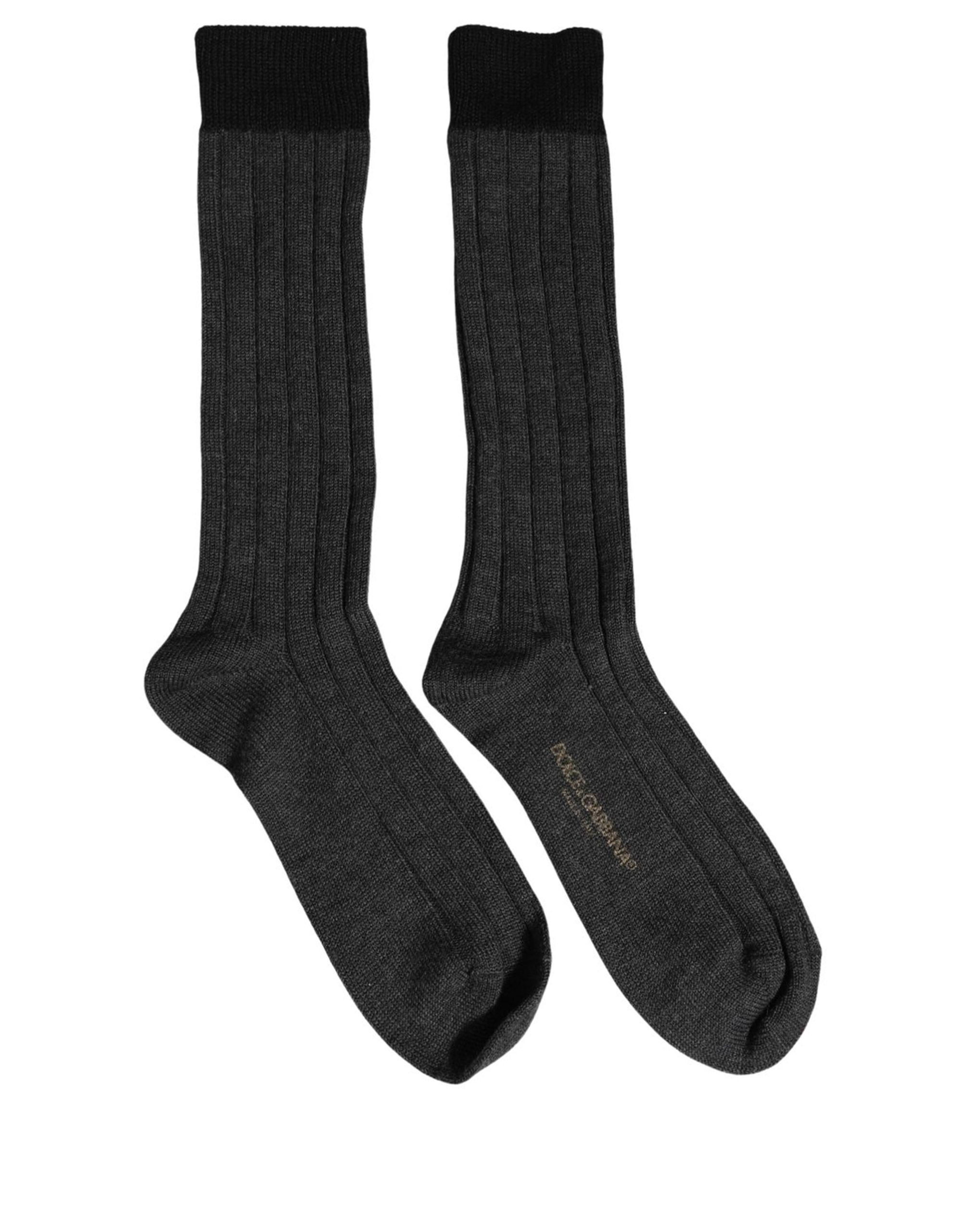 Dolce & Gabbana Dark Gray Wool Logo Calf Long Ribbed Accessory Socks - Image 6
