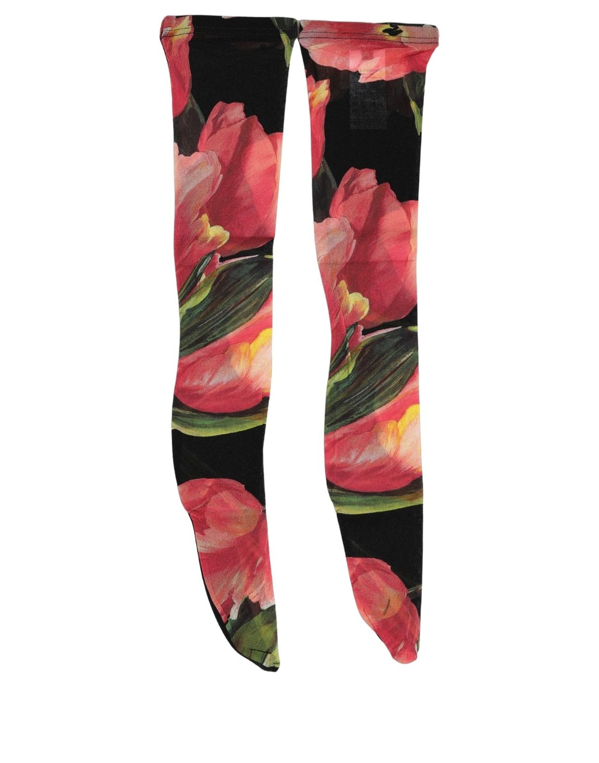 Dolce & Gabbana Black Pink Floral Tulip Nylon Stockings Socks - Image 2