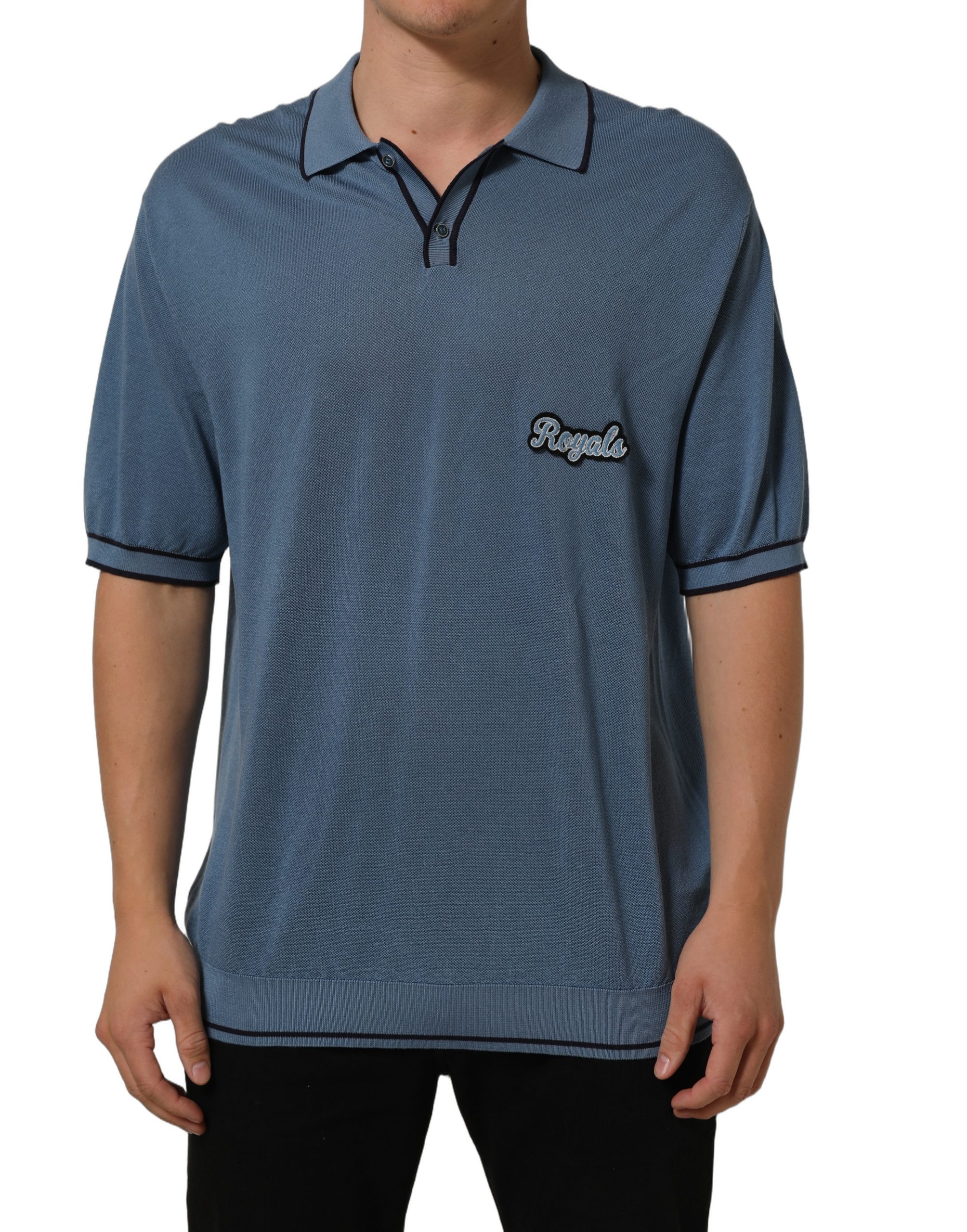 Dolce & Gabbana Blue Cotton Collared Short Sleeves T-shirt - Image 3