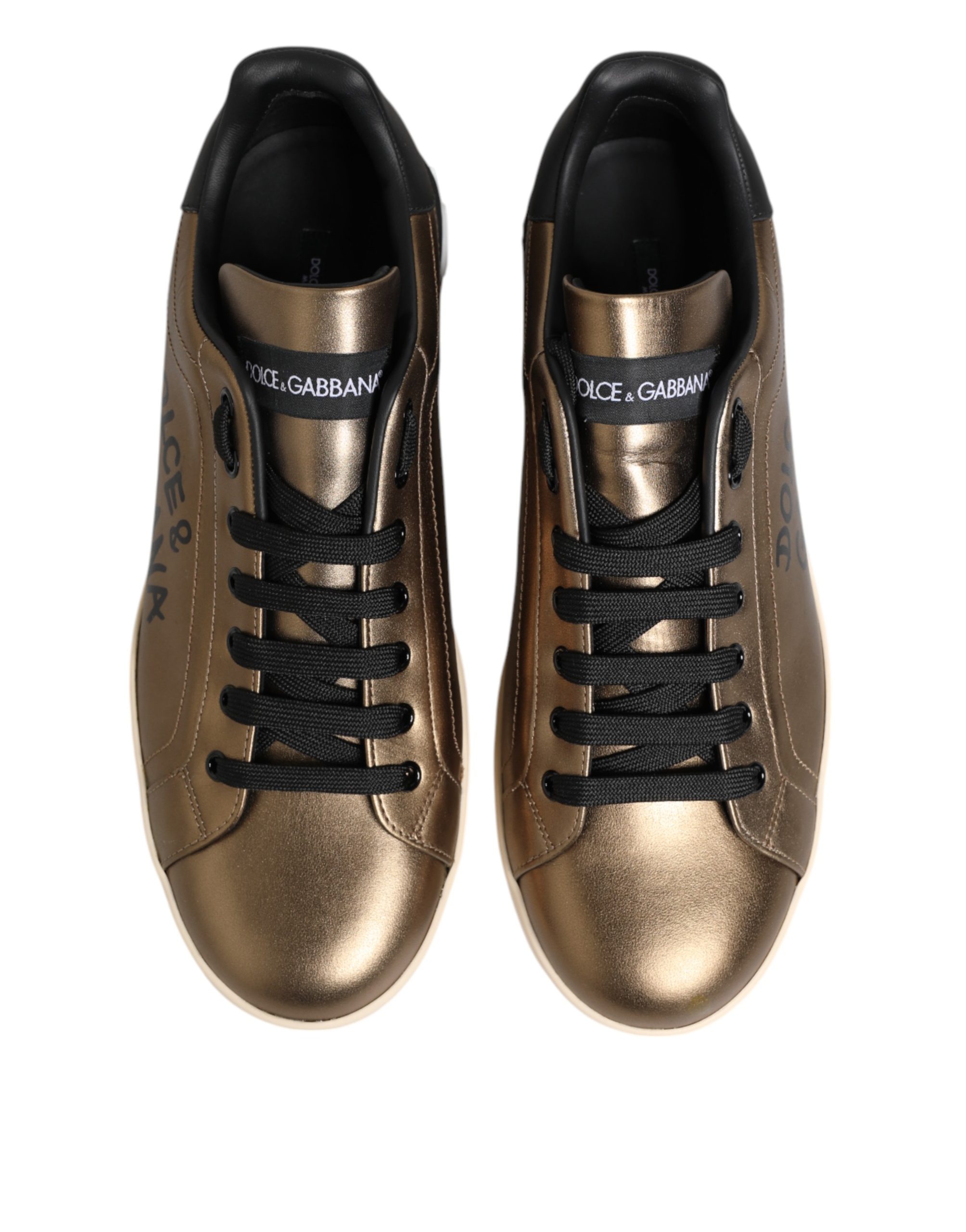 Dolce & Gabbana Gold Portofino Calf Leather Sneakers Shoes - Image 3