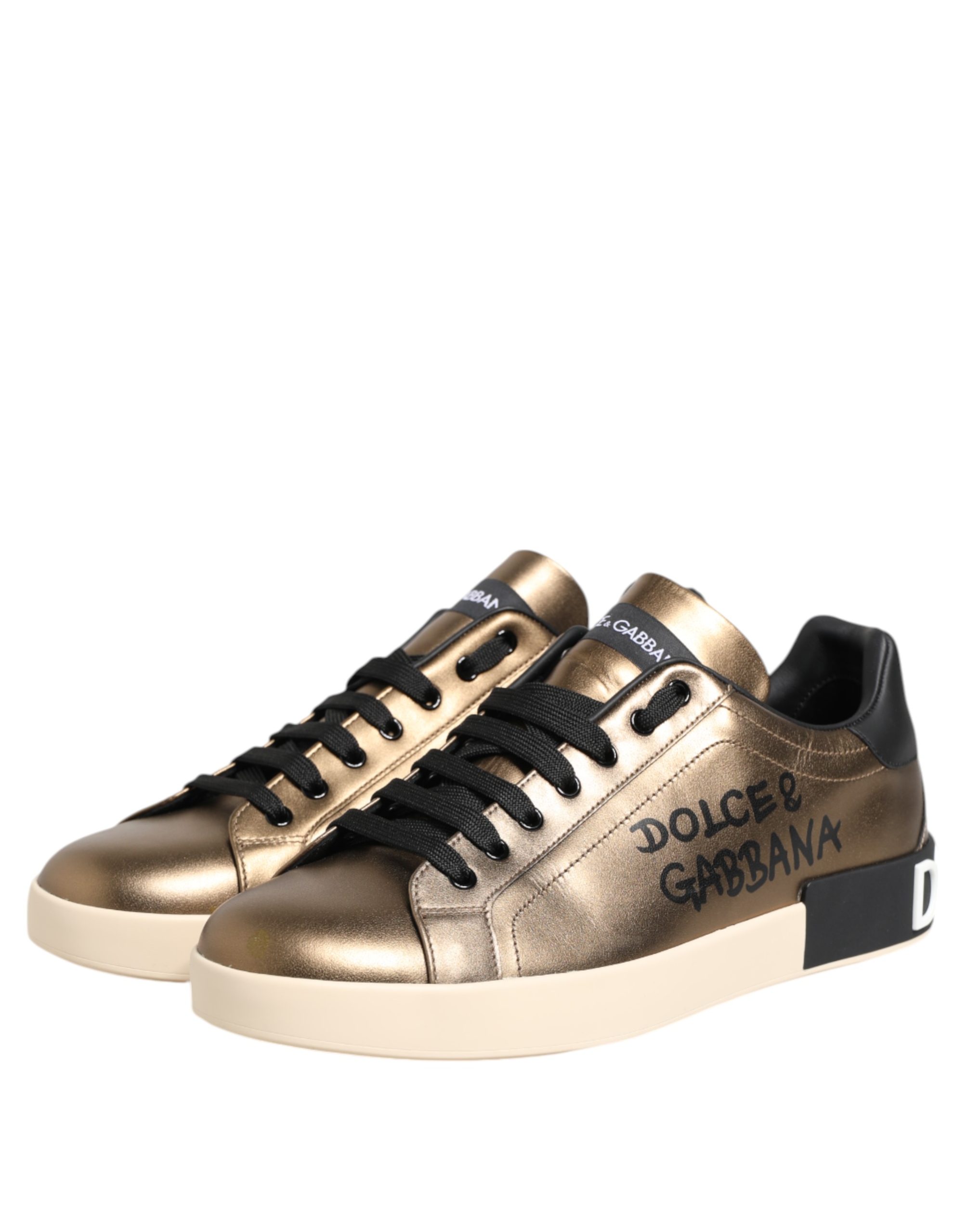 Dolce & Gabbana Gold Portofino Calf Leather Sneakers Shoes - Image 4
