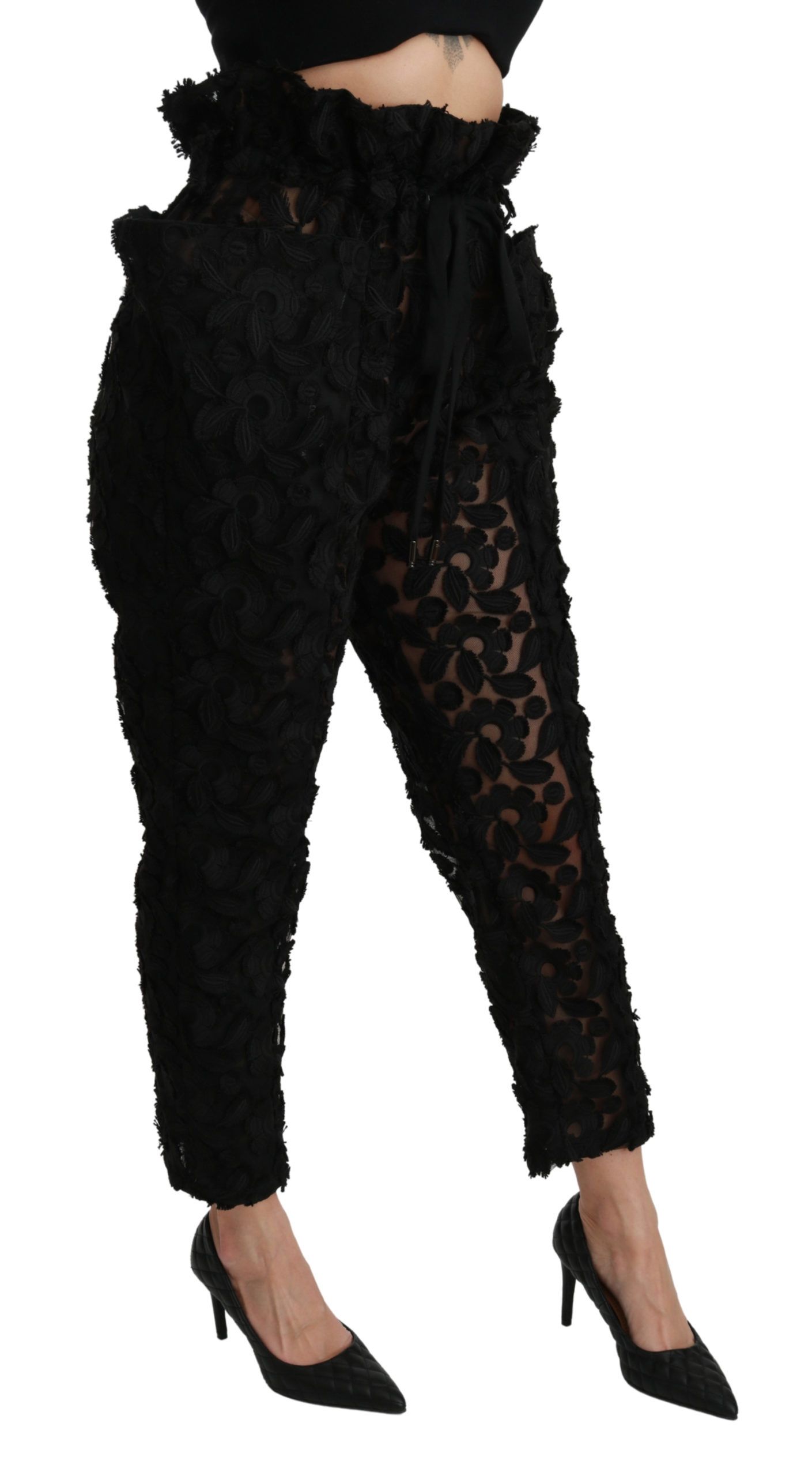 Dolce & Gabbana Black Floral Lace Tapered High Waist Pants - Image 2