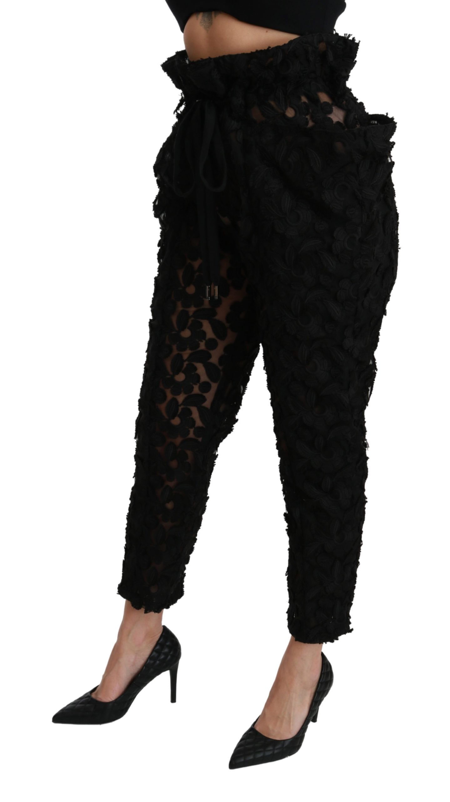 Dolce & Gabbana Black Floral Lace Tapered High Waist Pants - Image 3
