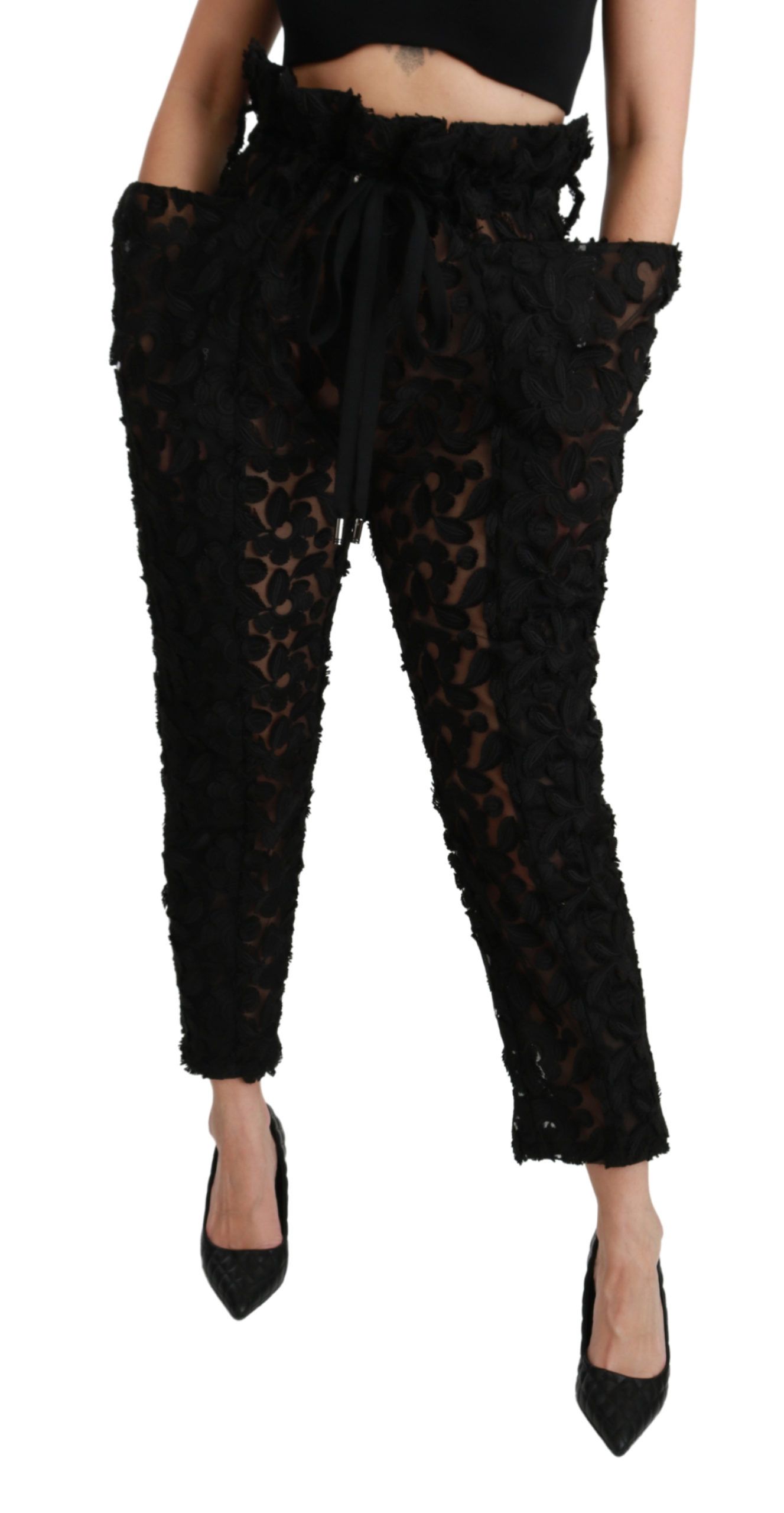 Dolce & Gabbana Black Floral Lace Tapered High Waist Pants - Image 4