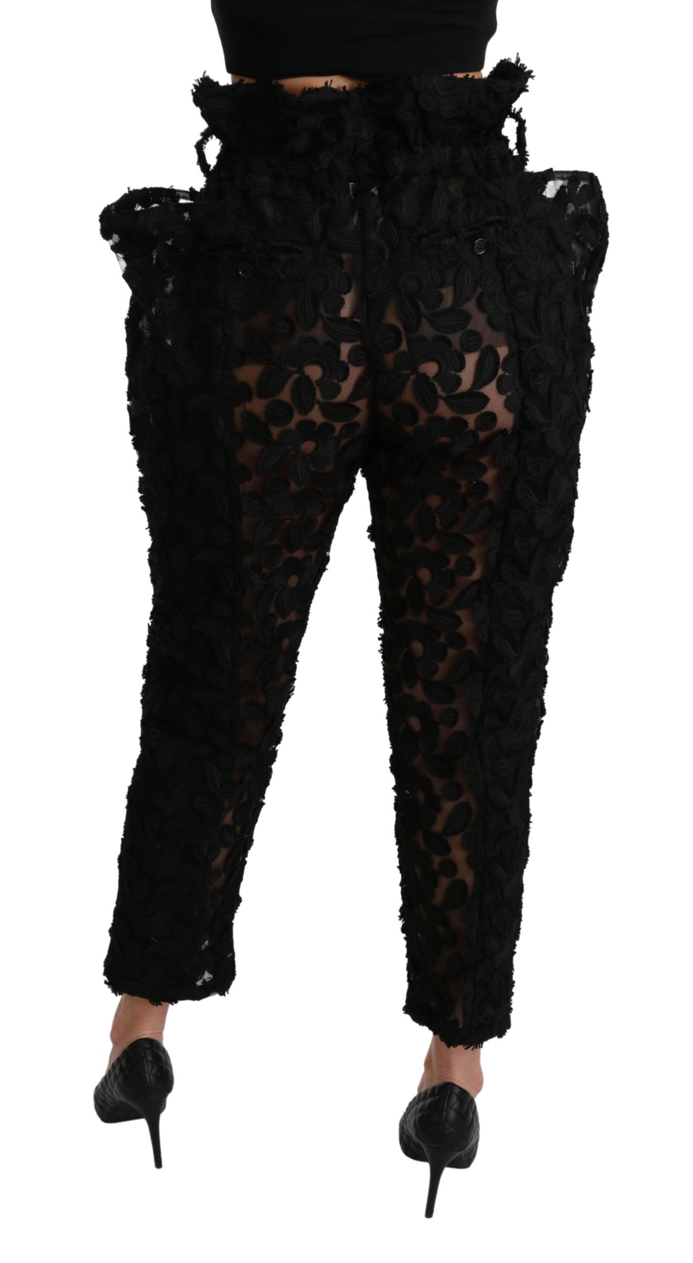 Dolce & Gabbana Black Floral Lace Tapered High Waist Pants - Image 5