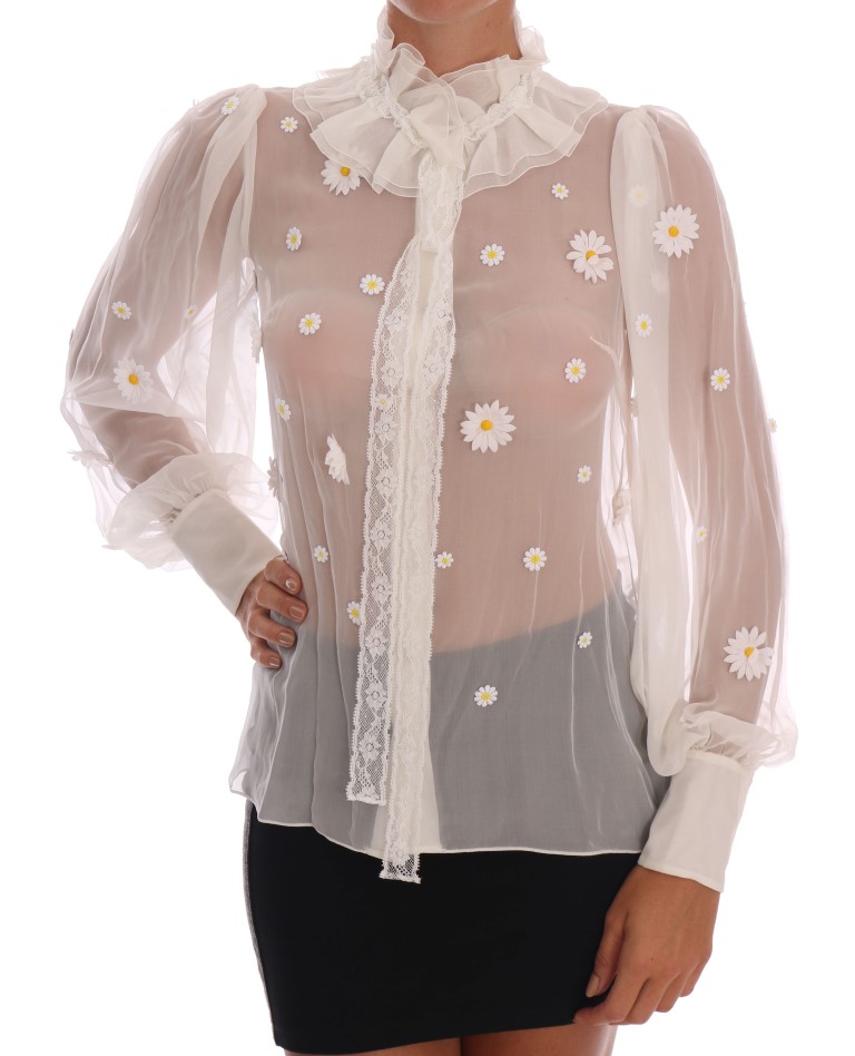 Dolce & Gabbana White Daisy Applique Silk Shirt - Image 2