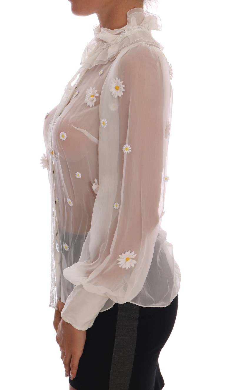 Dolce & Gabbana White Daisy Applique Silk Shirt - Image 3