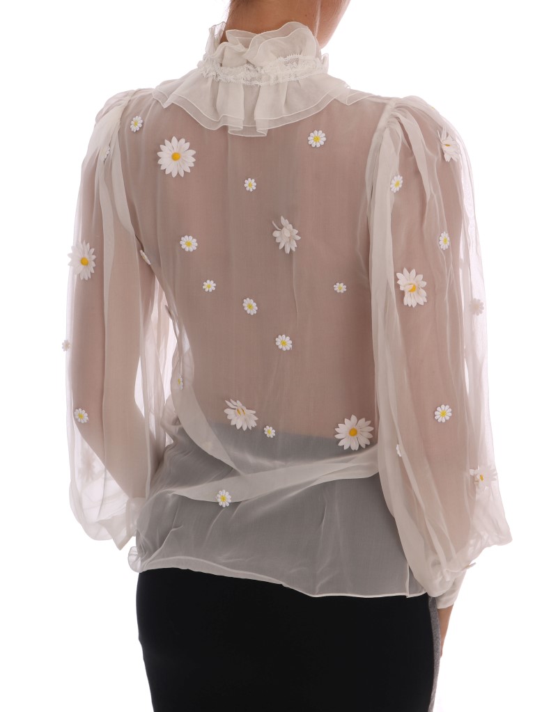 Dolce & Gabbana White Daisy Applique Silk Shirt - Image 4