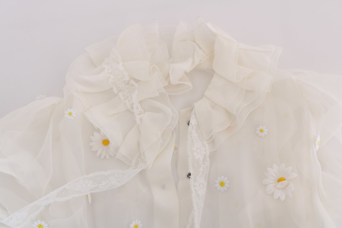 Dolce & Gabbana White Daisy Applique Silk Shirt - Image 5
