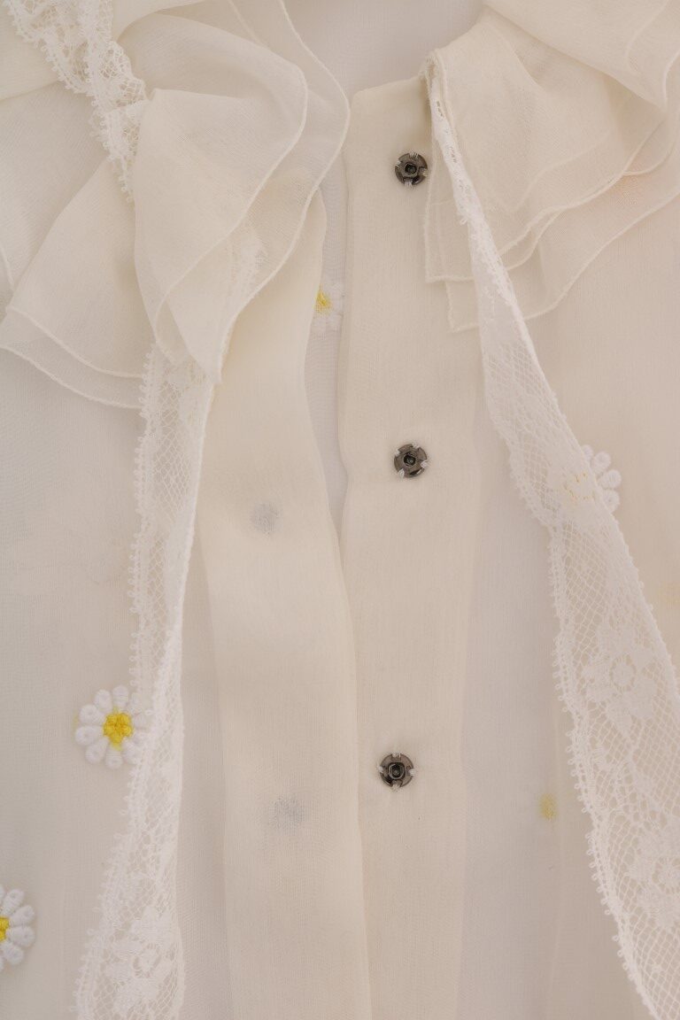 Dolce & Gabbana White Daisy Applique Silk Shirt - Image 6