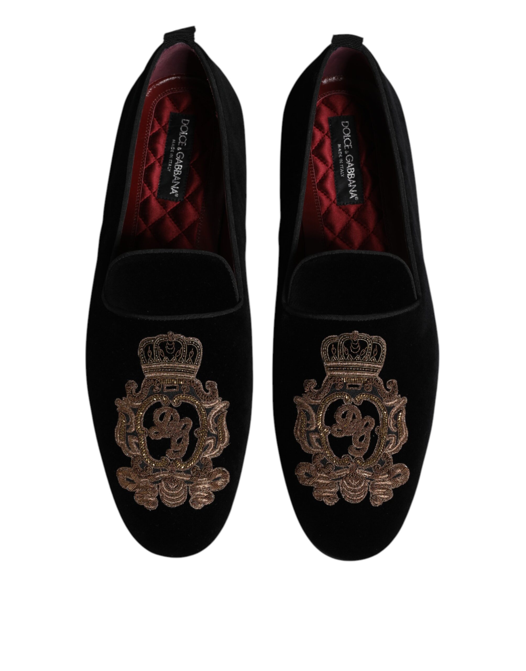Dolce & Gabbana Black Velvet Gold Crown Mens Loafers Shoes - Image 2