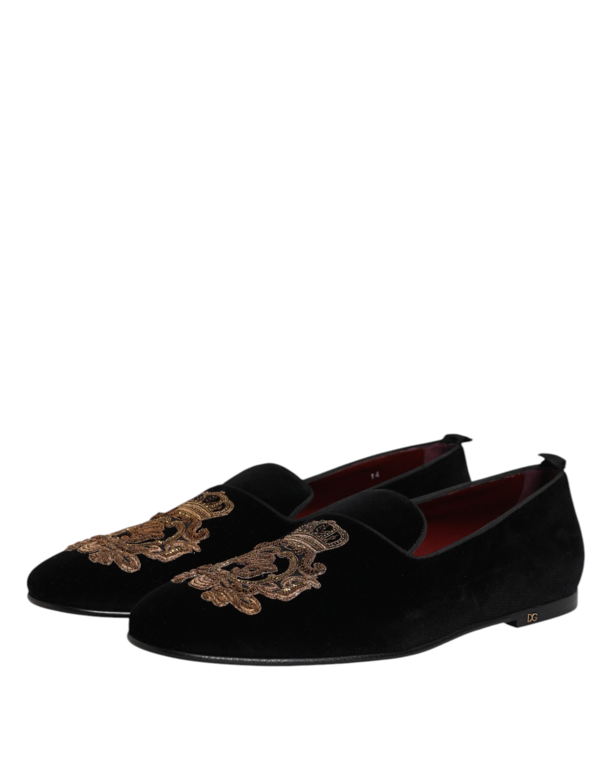 Dolce & Gabbana Black Velvet Gold Crown Mens Loafers Shoes - Image 3