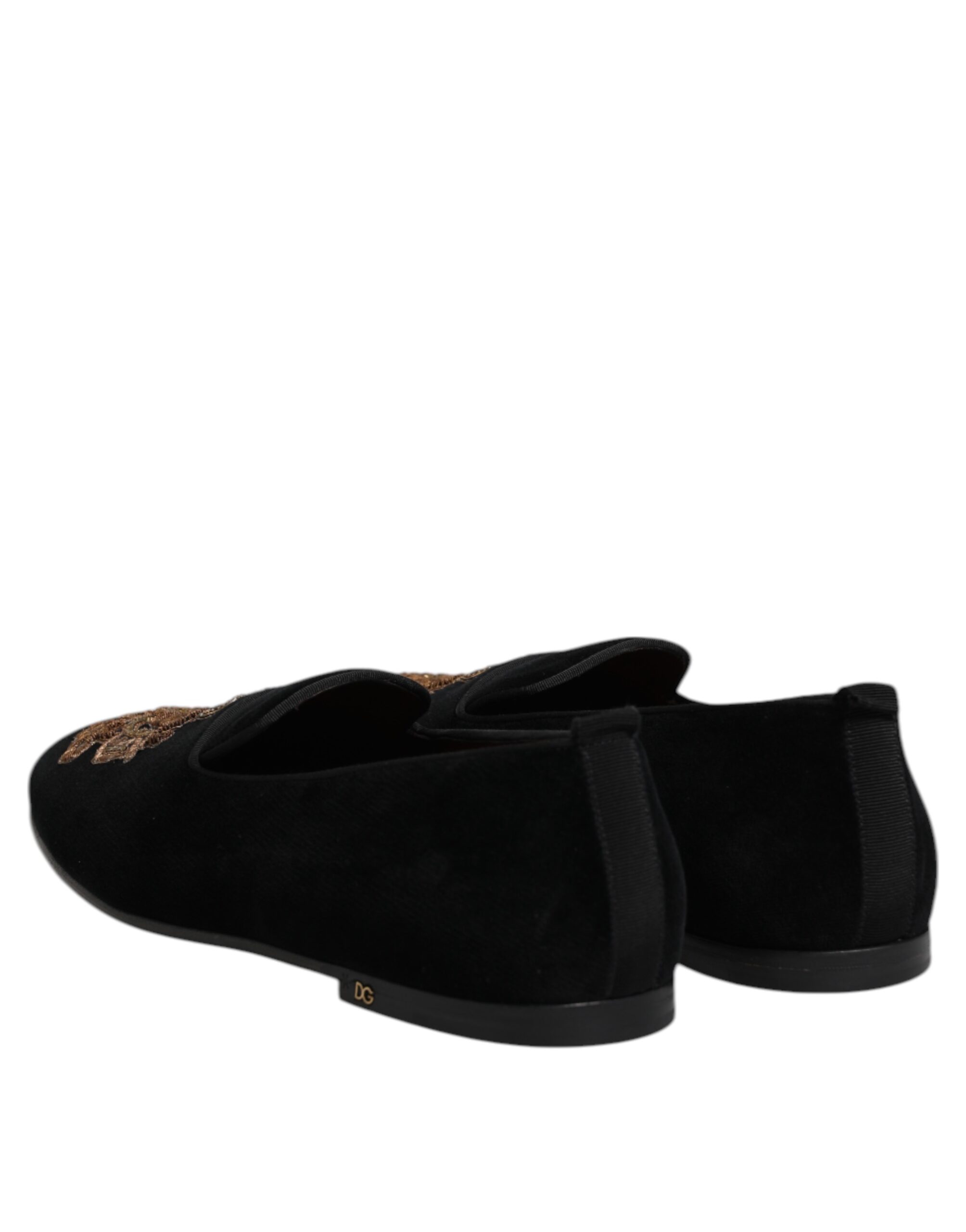 Dolce & Gabbana Black Velvet Gold Crown Mens Loafers Shoes - Image 4