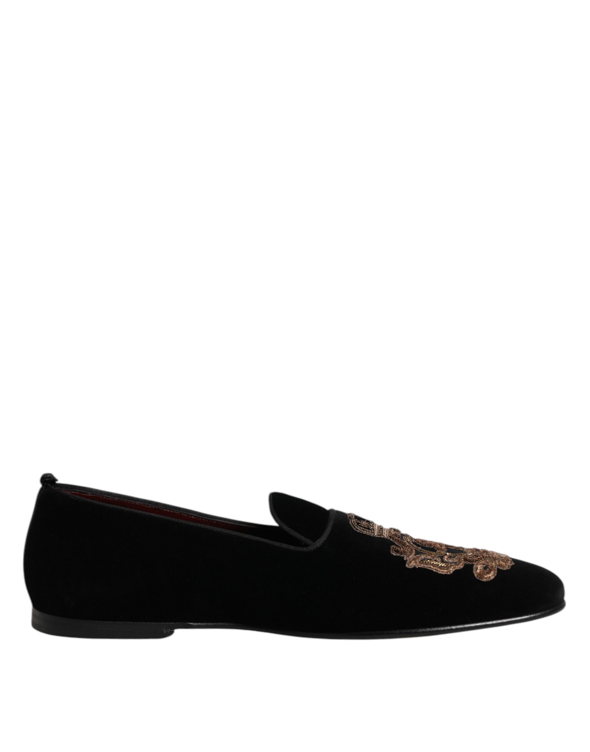 Dolce & Gabbana Black Velvet Gold Crown Mens Loafers Shoes - Image 7