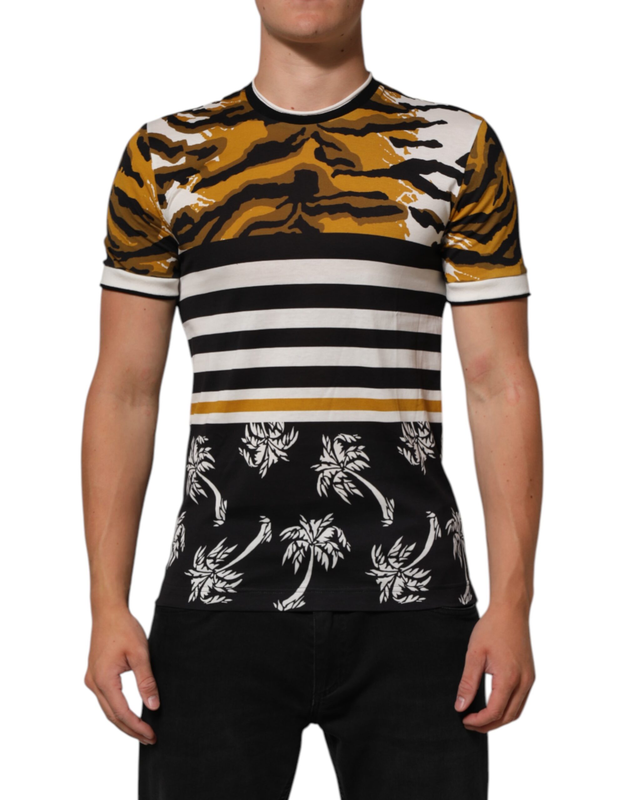 Dolce & Gabbana Multicolor Leopard Palm Leaf Men Crew Neck T-shirt - Image 2