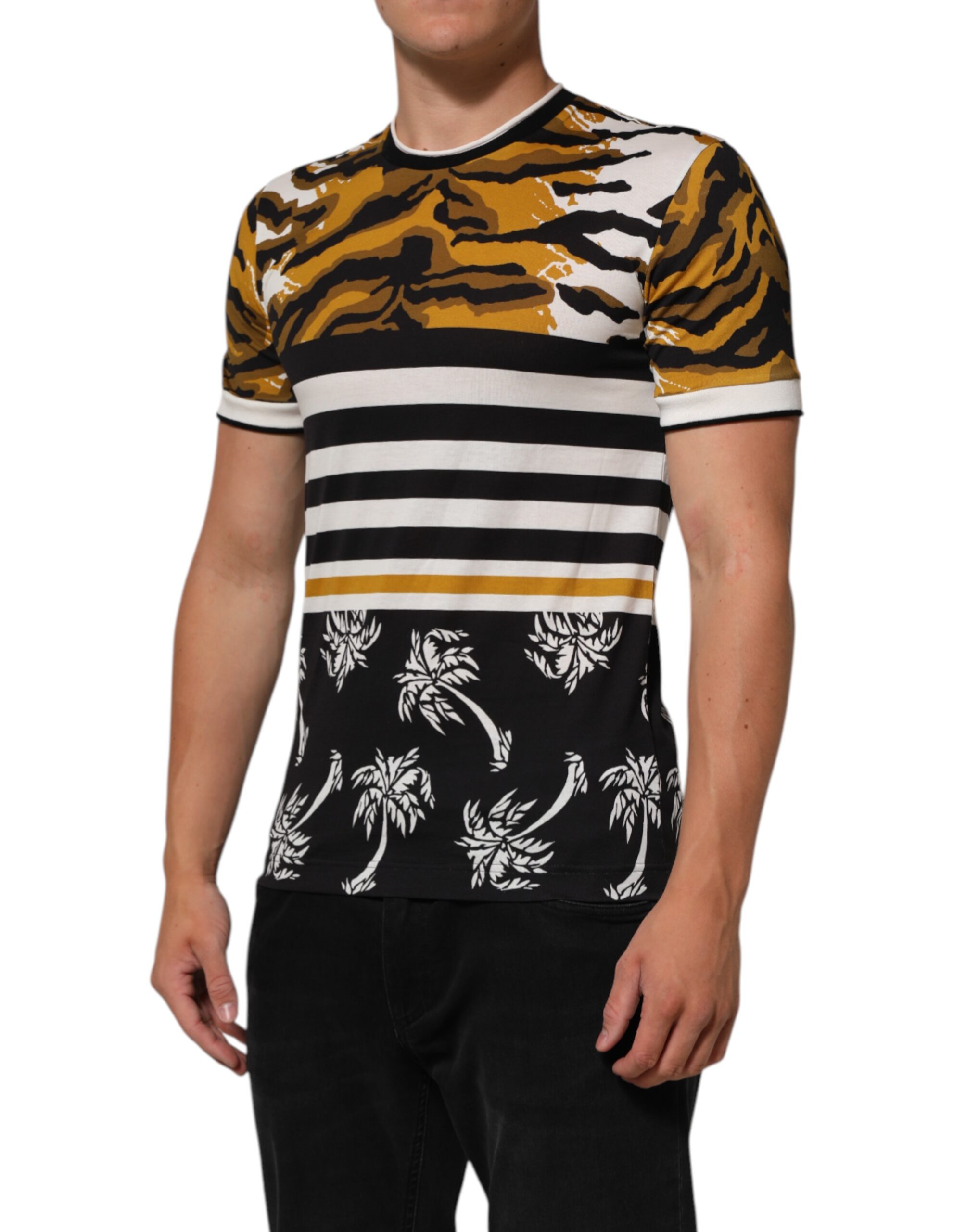 Dolce & Gabbana Multicolor Leopard Palm Leaf Men Crew Neck T-shirt - Image 3