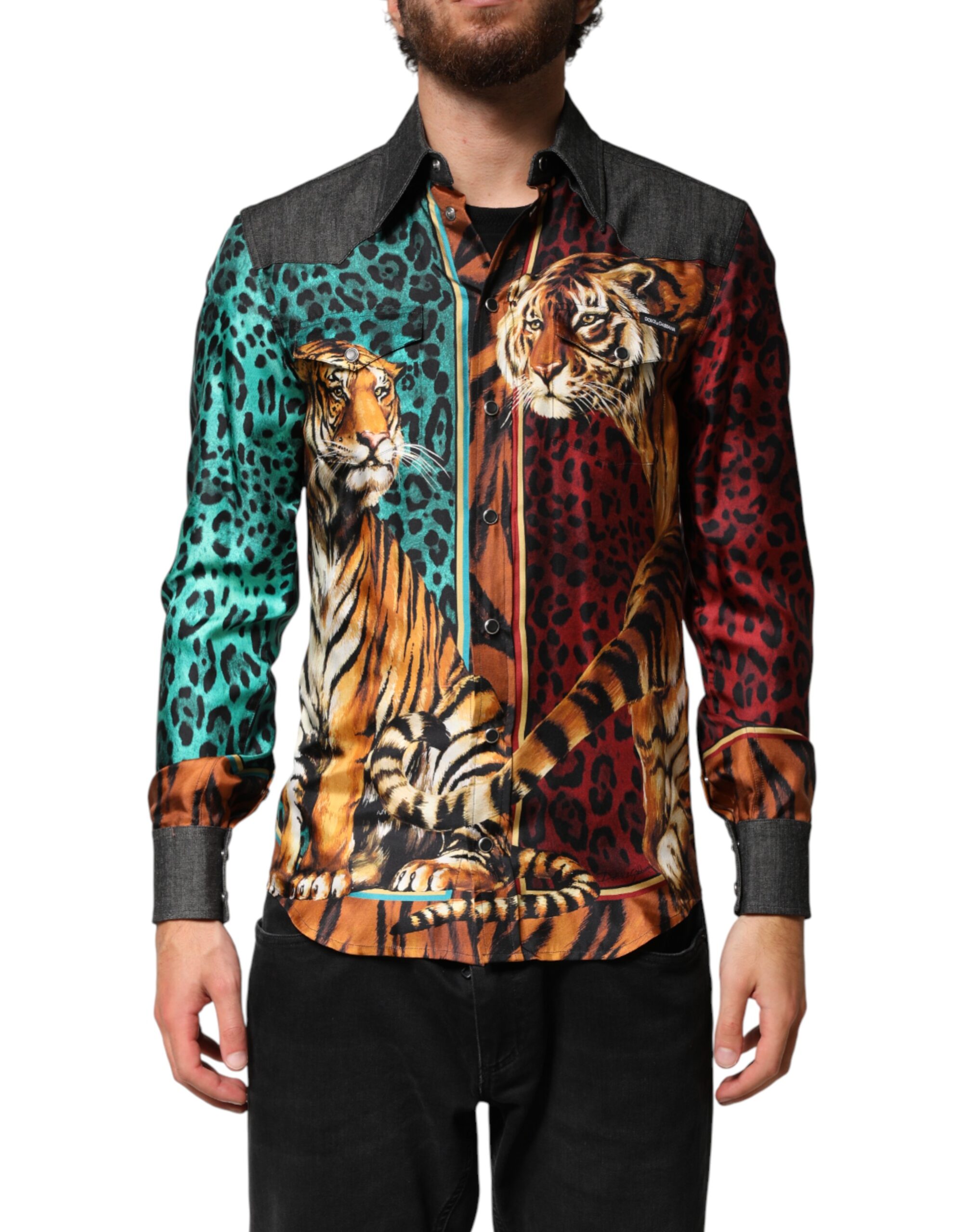 Dolce & Gabbana Multicolor Tiger Leopard Print Silk Men Shirt - Image 2