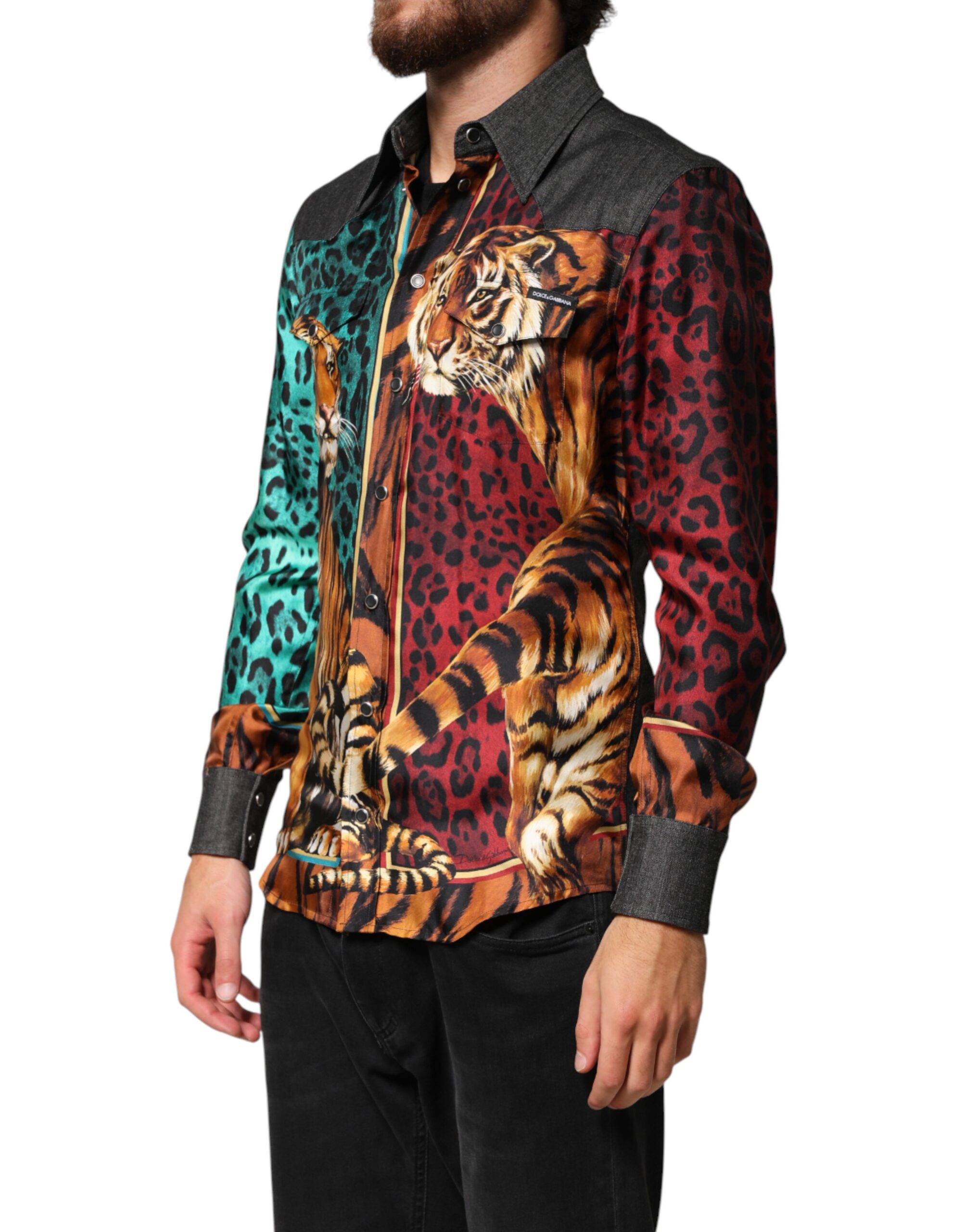 Dolce & Gabbana Multicolor Tiger Leopard Print Silk Men Shirt - Image 3