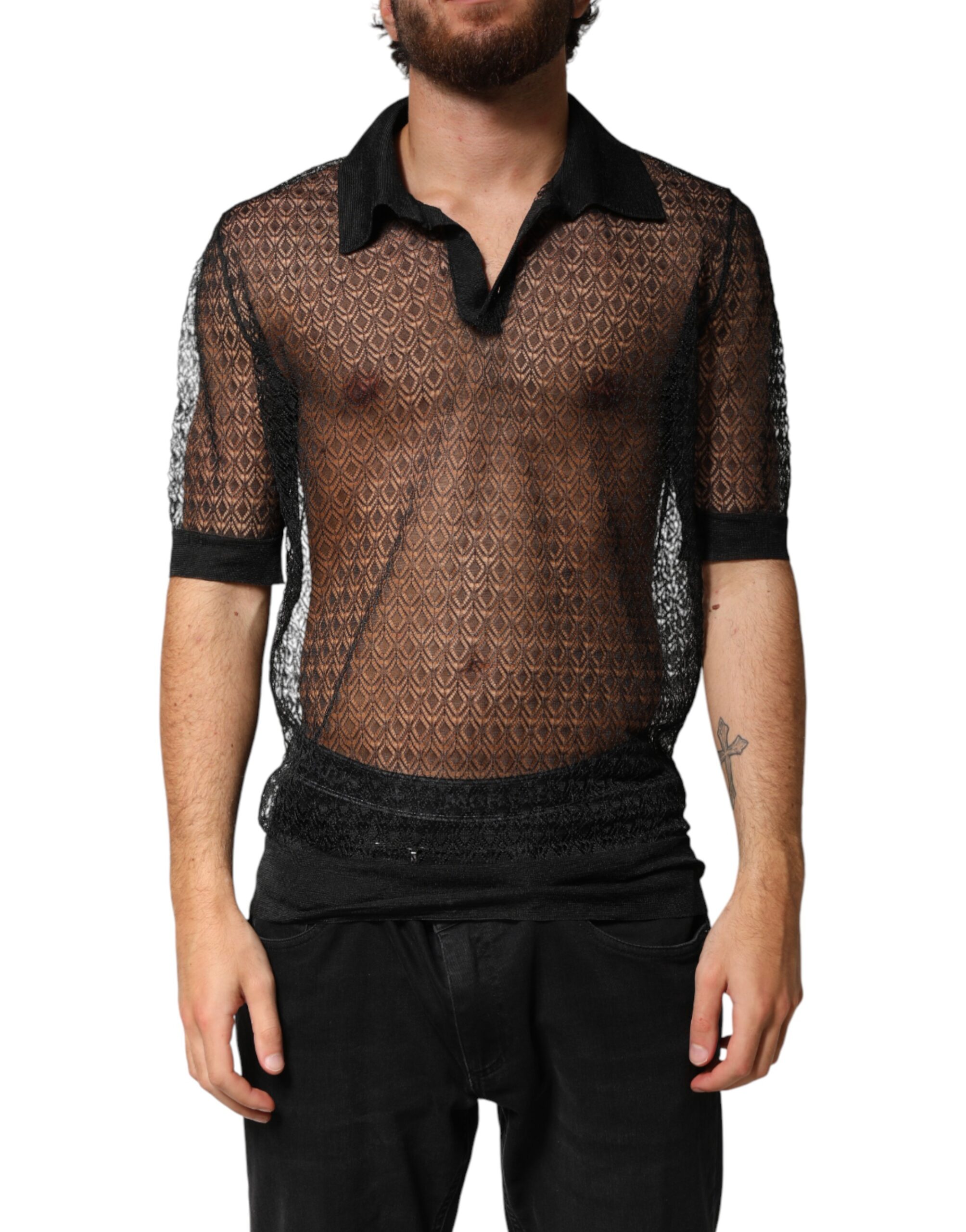 Dolce & Gabbana Black Sheer Short Sleeves Casual Polo Top