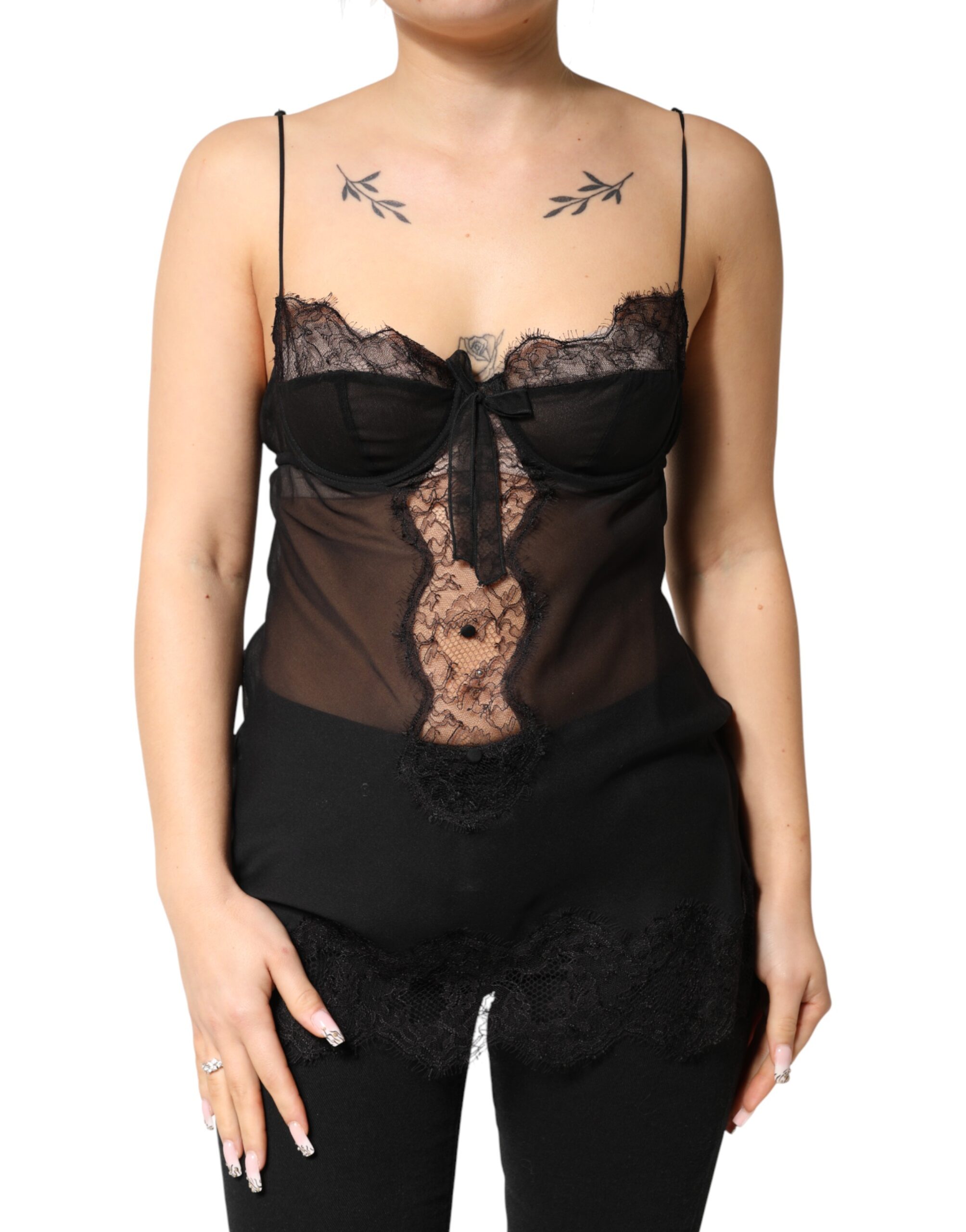 Dolce & Gabbana Black Silk Floral Lace Chemise Lingerie Top - Image 2