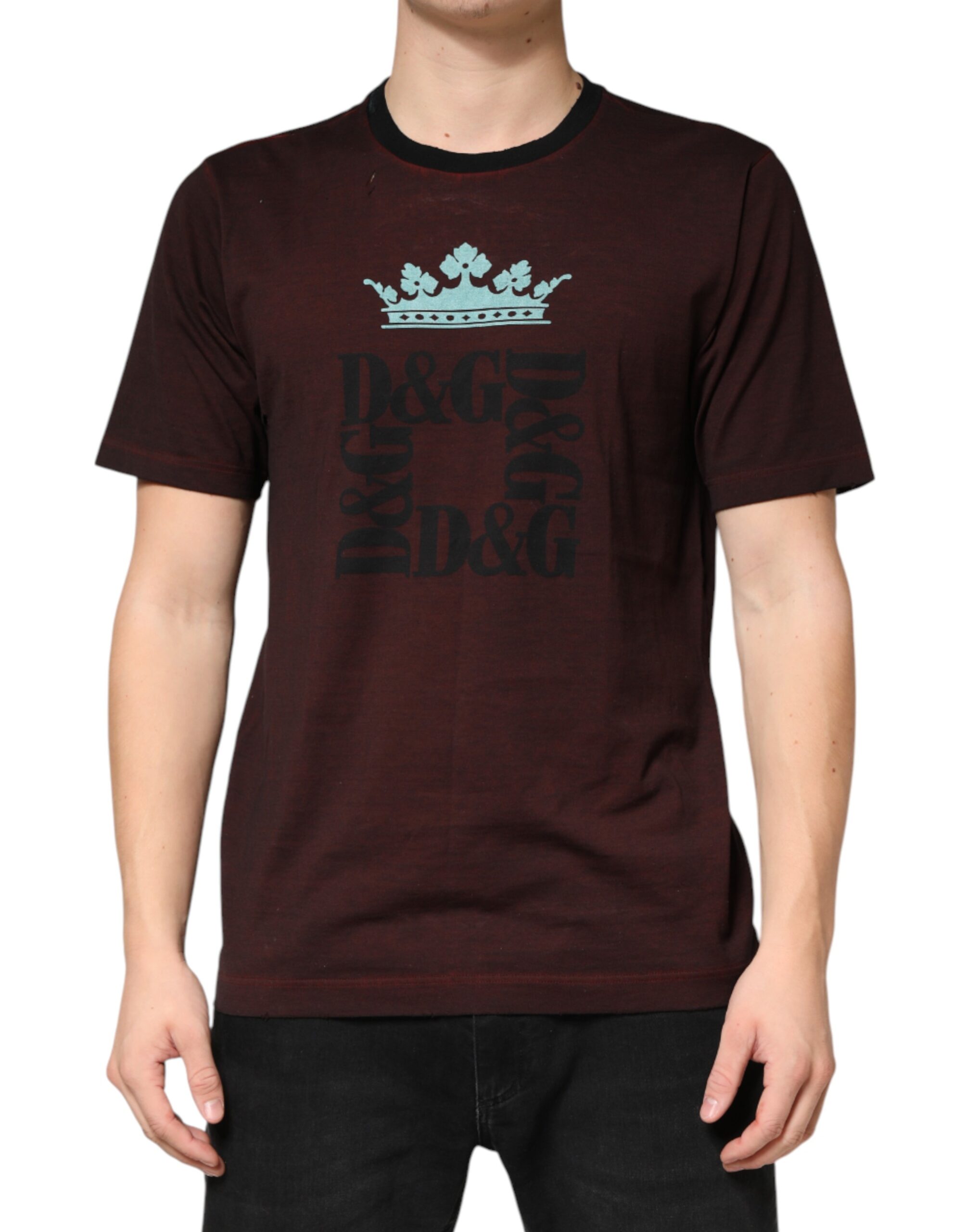 Dolce & Gabbana Maroon DG Crown Cotton Crew Neck Men T-shirt - Image 2