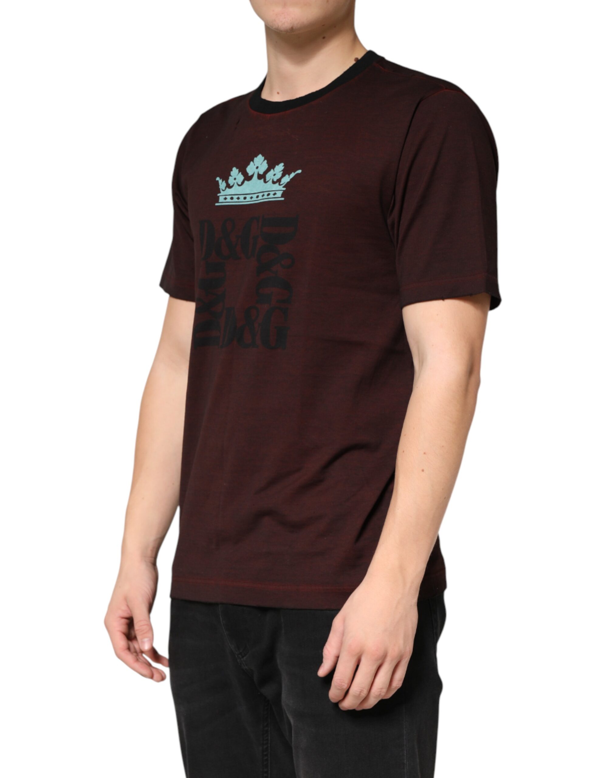 Dolce & Gabbana Maroon DG Crown Cotton Crew Neck Men T-shirt - Image 3